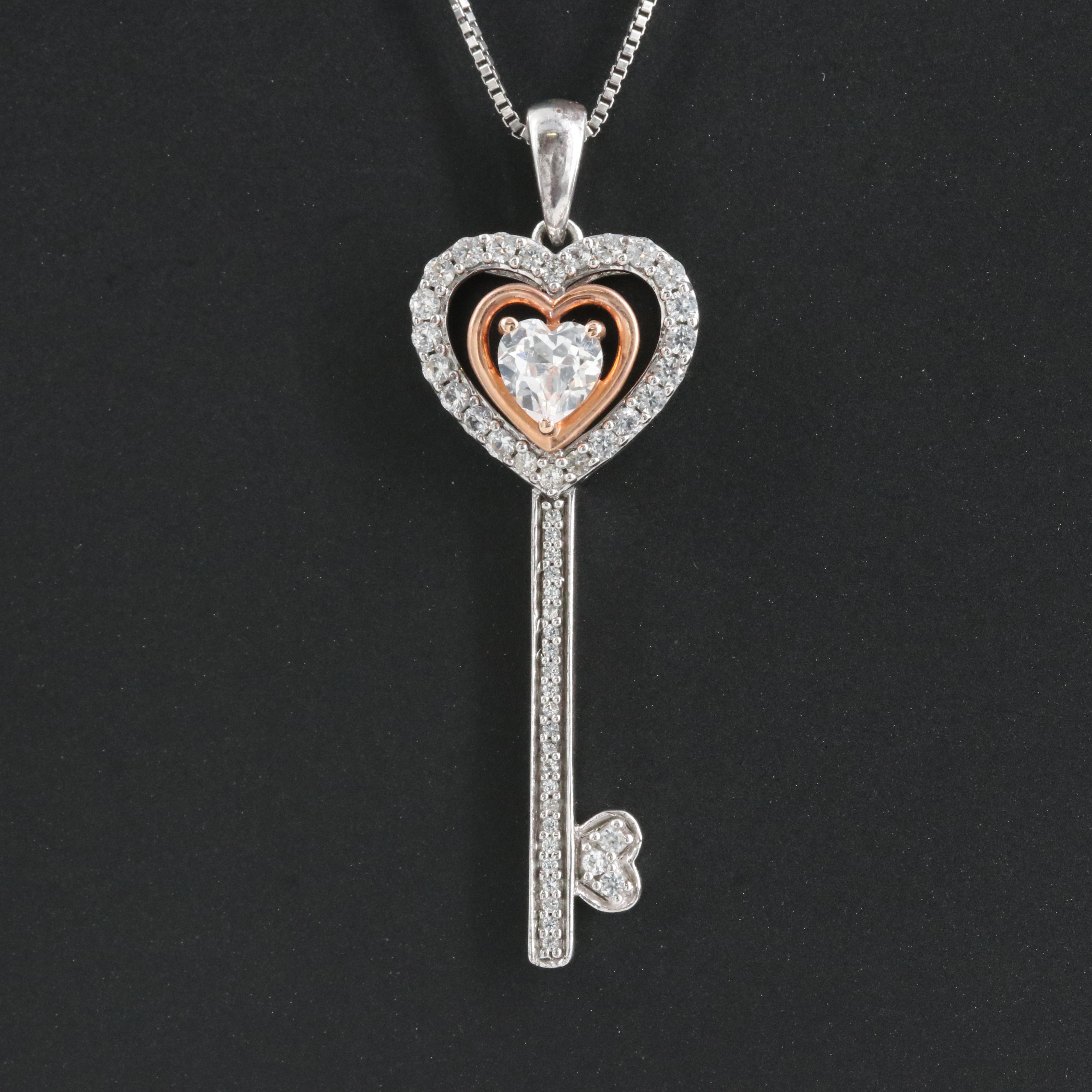 Sterling Sapphire Key Necklace with 10K Rose Gold Accent