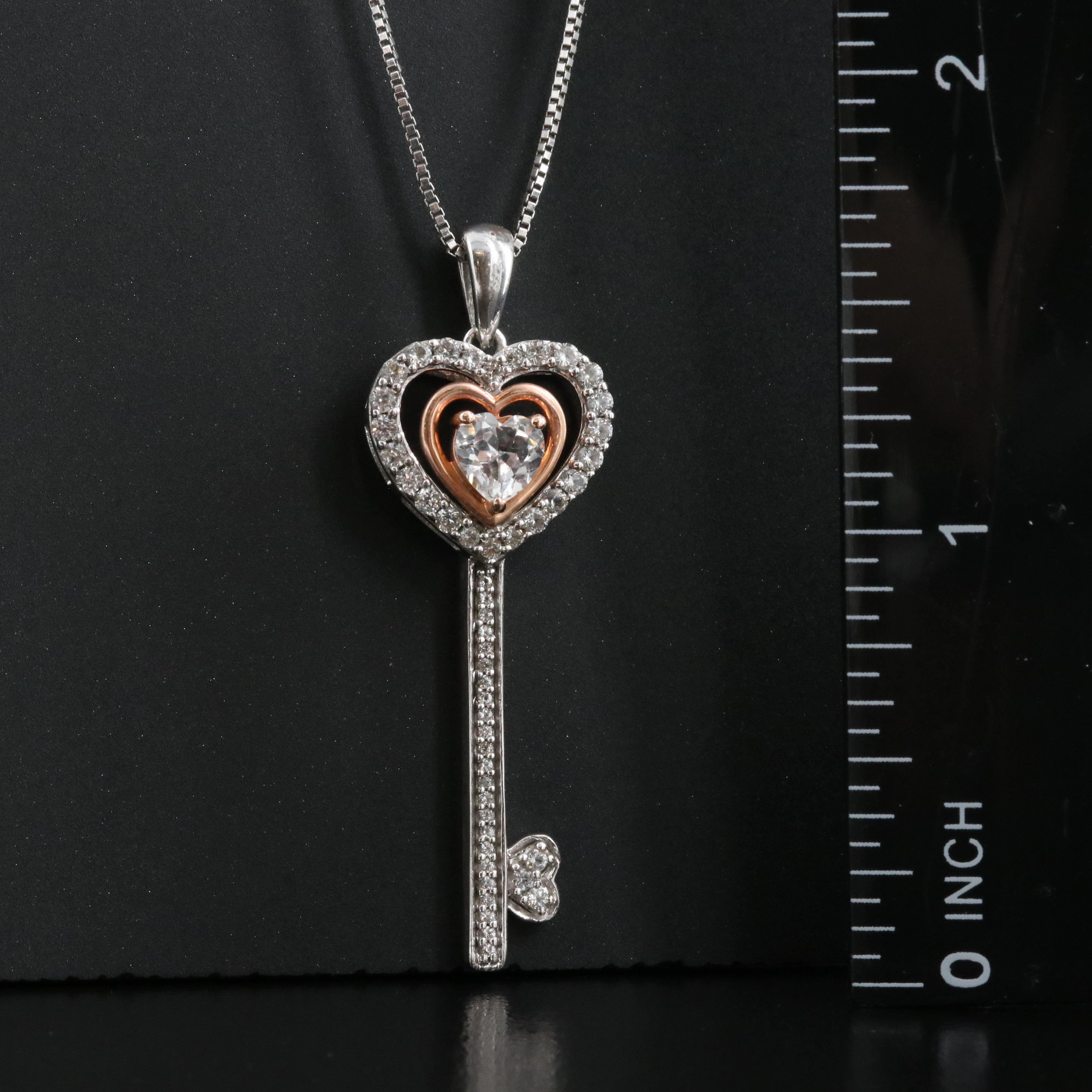Sterling Sapphire Key Necklace with 10K Rose Gold Accent