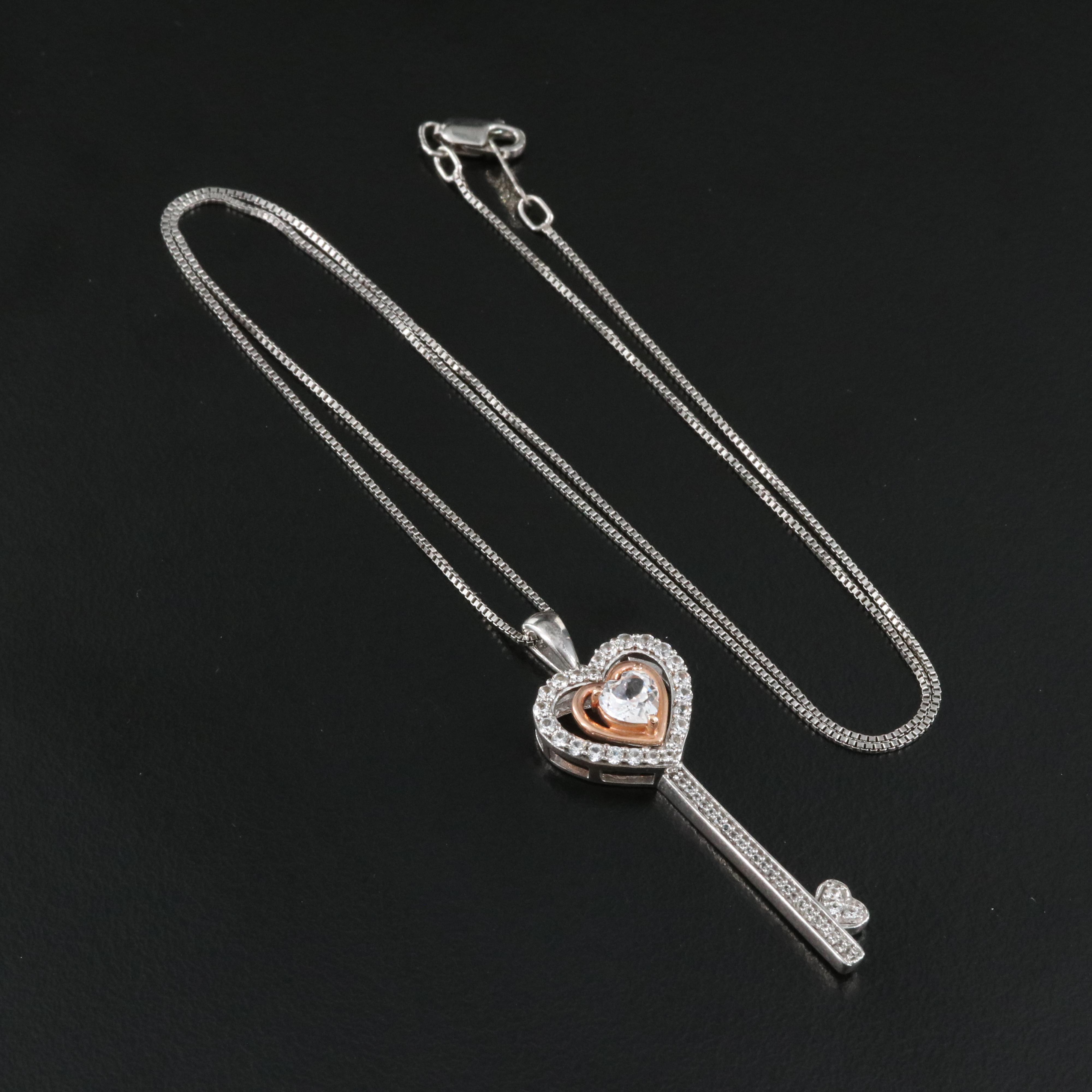 Sterling Sapphire Key Necklace with 10K Rose Gold Accent