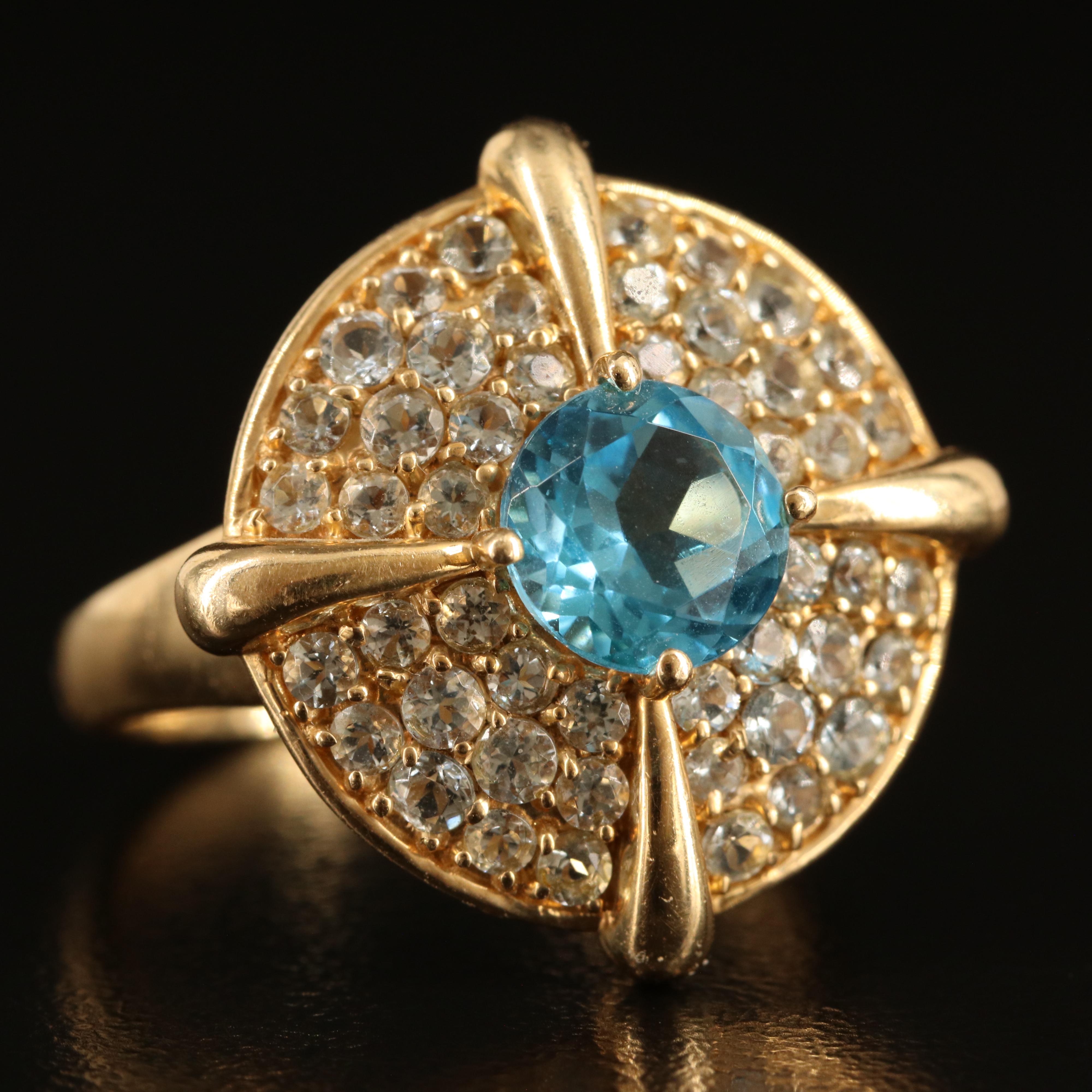 14K Swiss Blue Topaz and White Spinel Ring