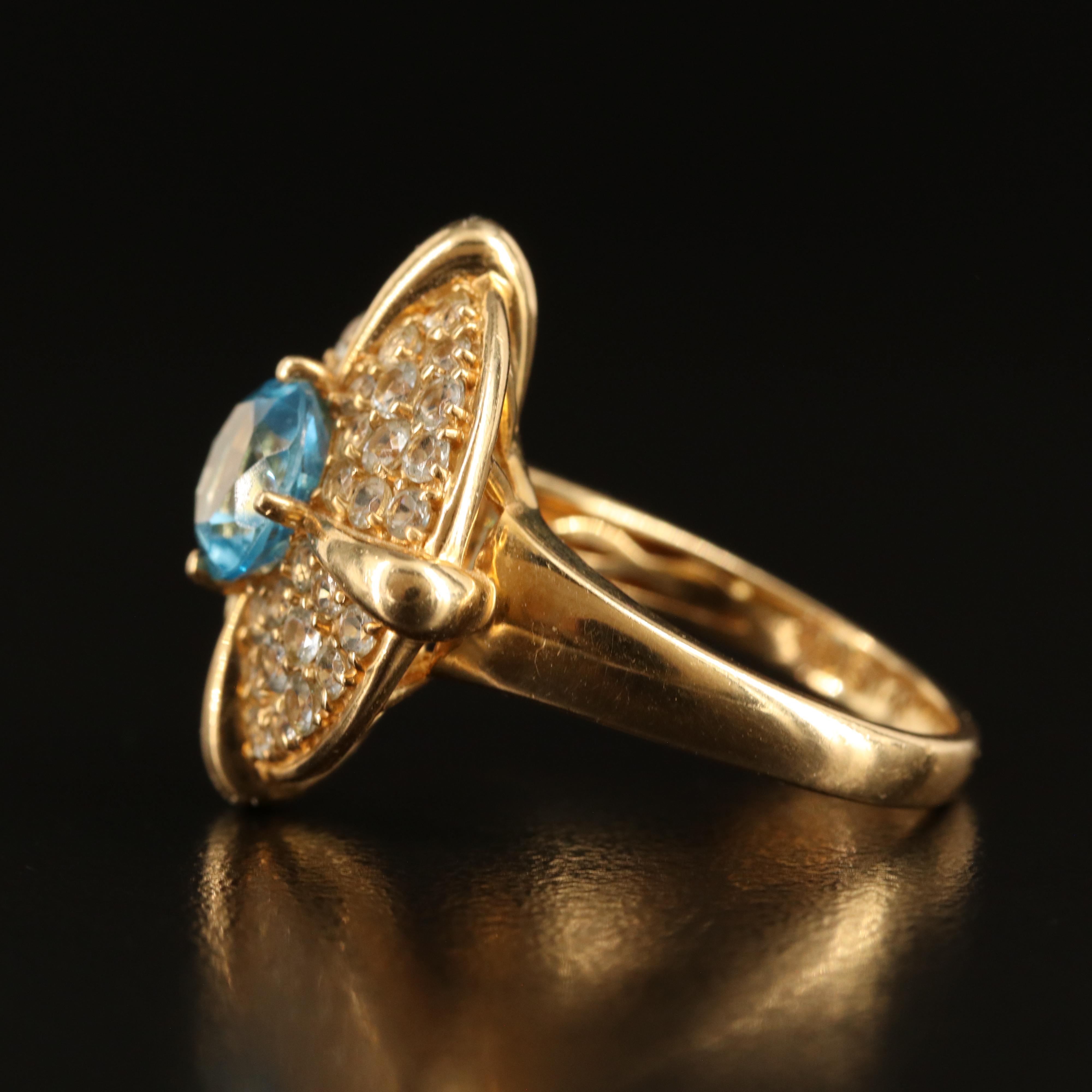 14K Swiss Blue Topaz and White Spinel Ring