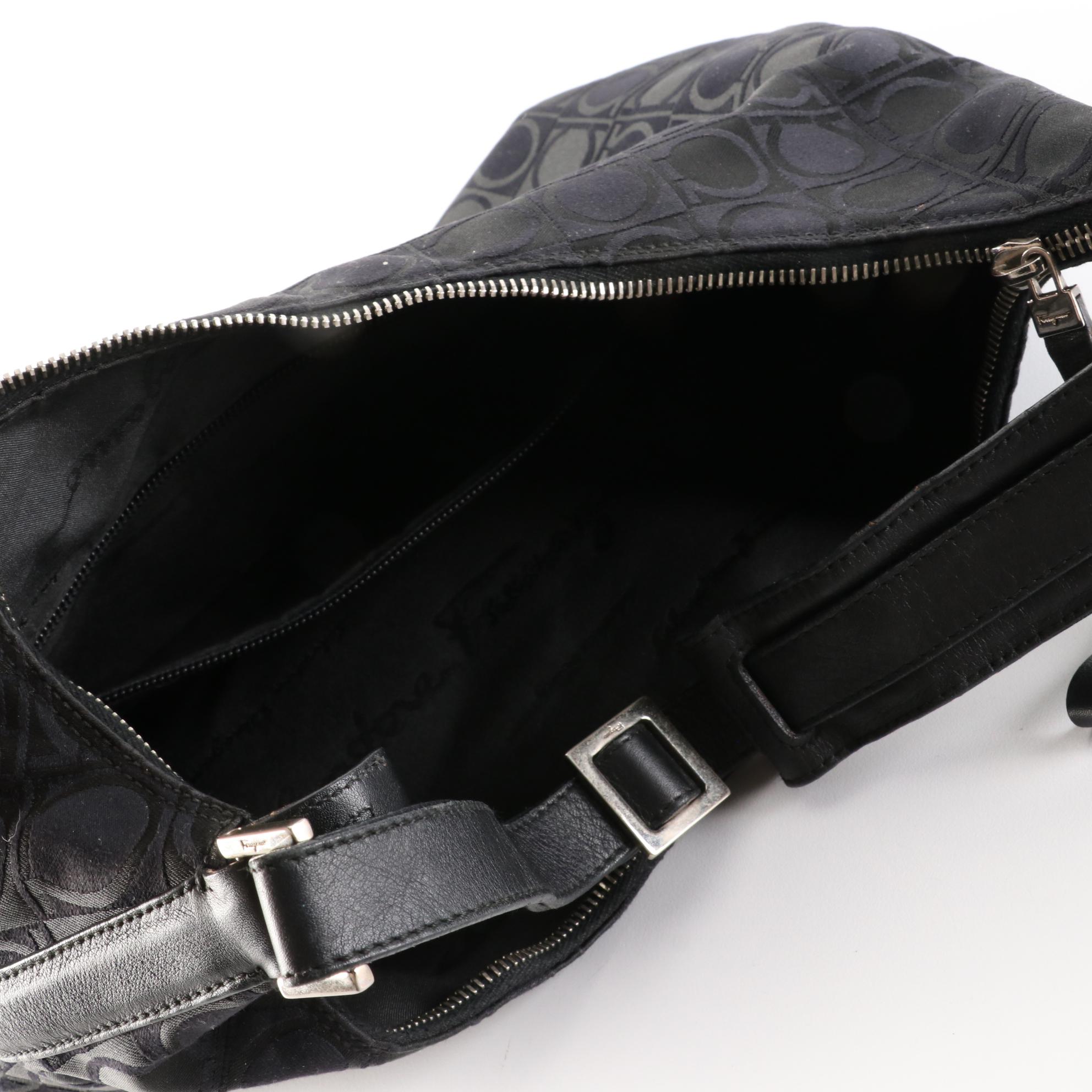 Salvatore Ferragamo Hobo Bag in Black Gancini Canvas and Leather Trim