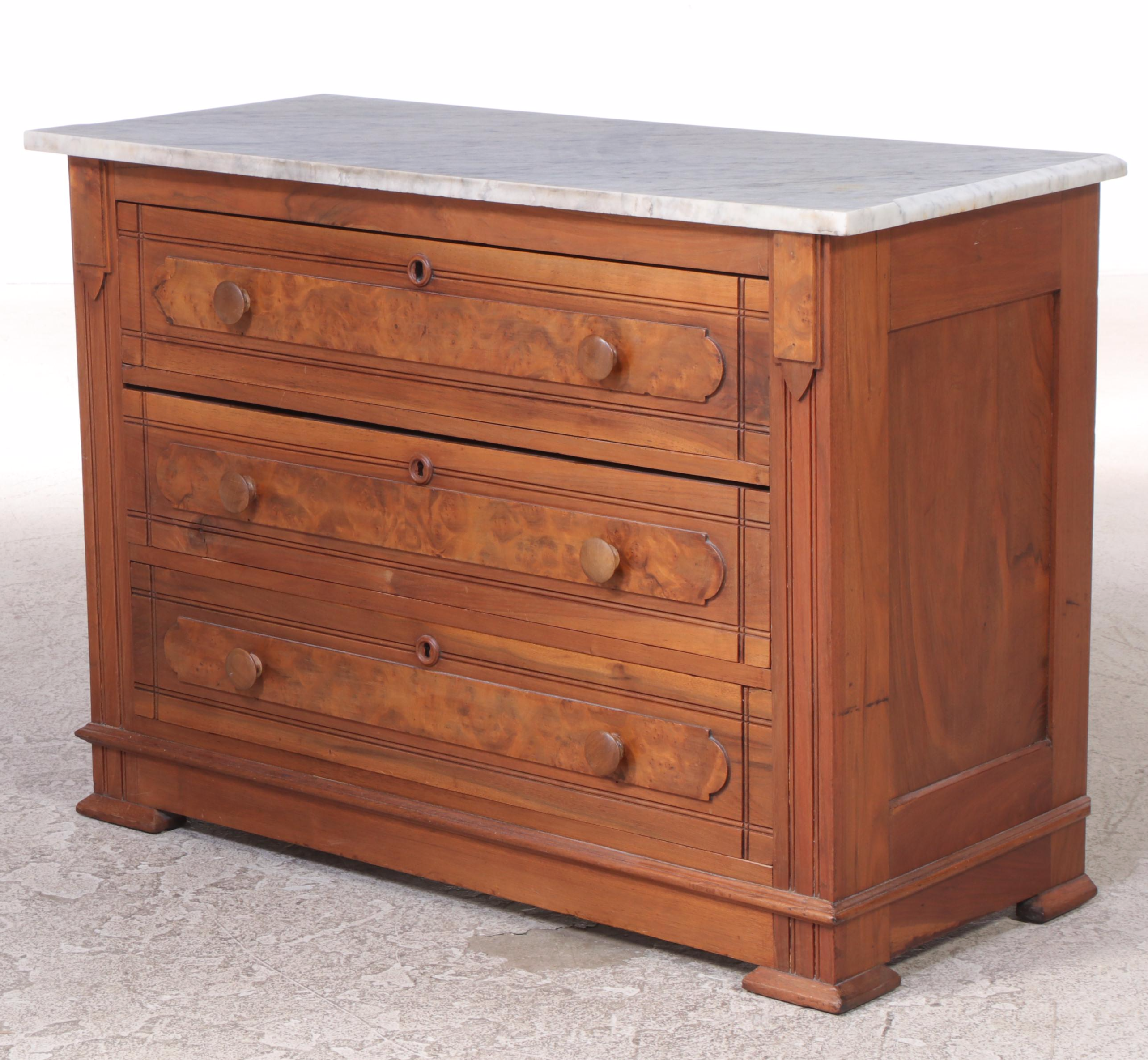 Victorian Walnut, Burl Walnut, and White Marble Three-Drawer Chest