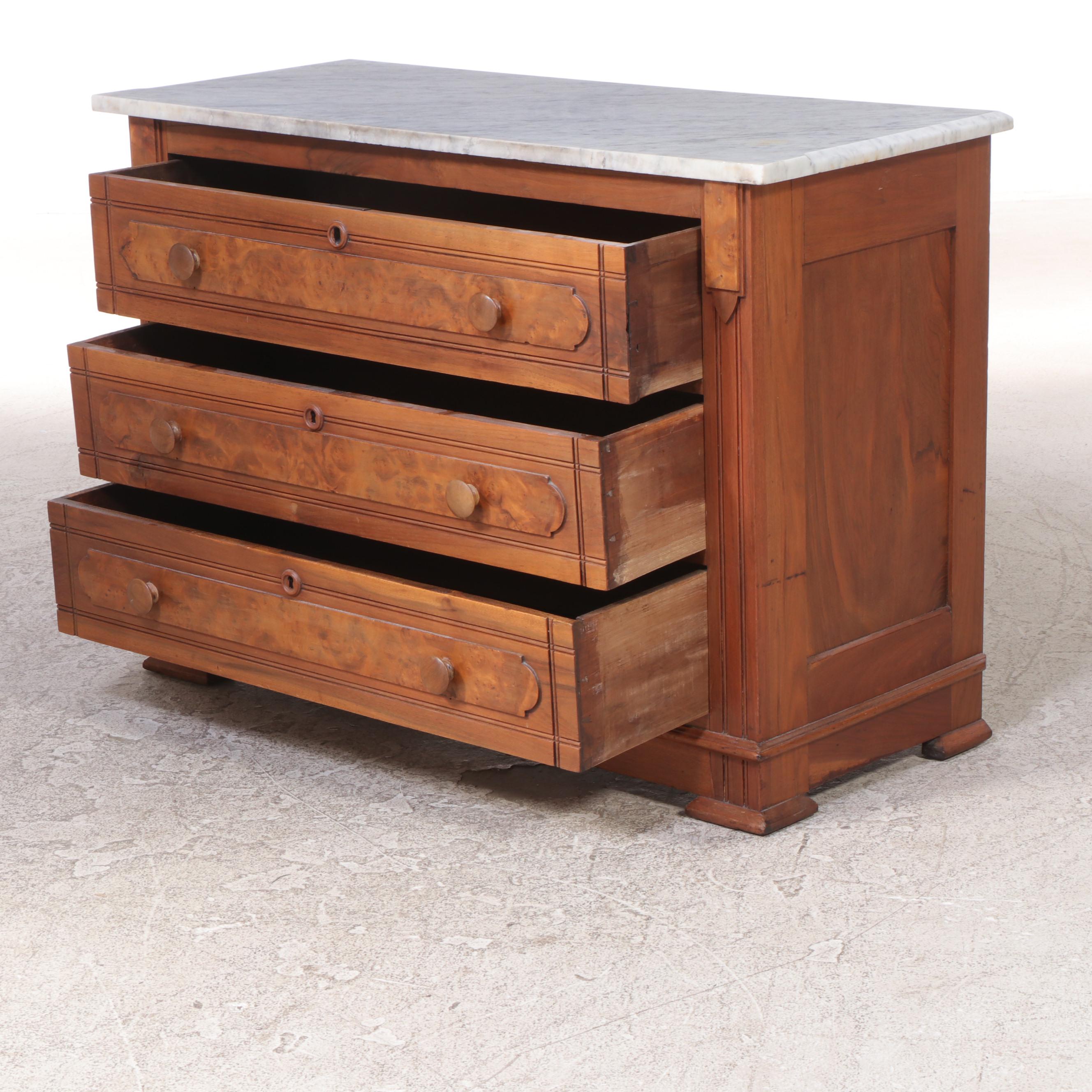 Victorian Walnut, Burl Walnut, and White Marble Three-Drawer Chest