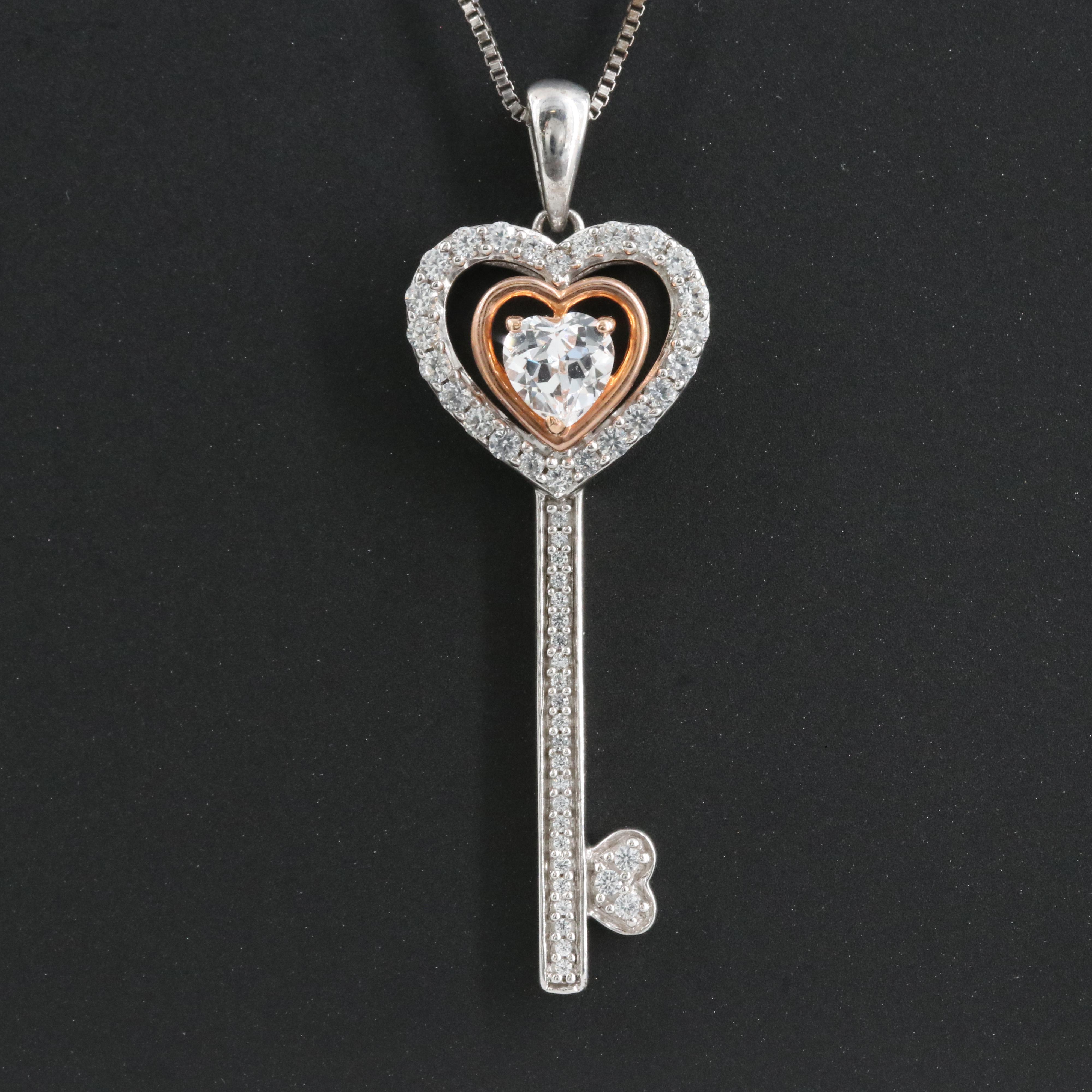 Sterling Sapphire Key Necklace with 10K Rose Gold Accent