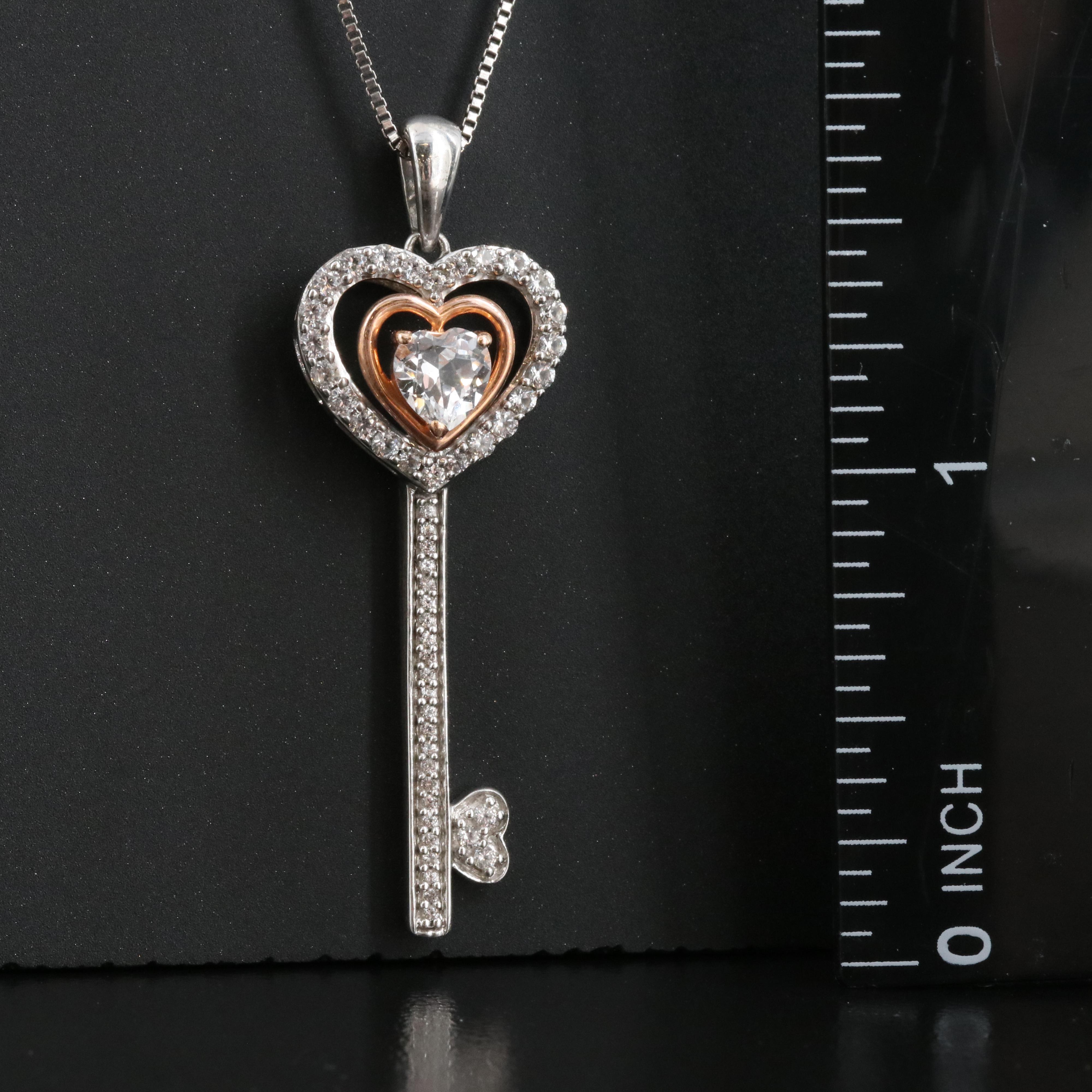 Sterling Sapphire Key Necklace with 10K Rose Gold Accent