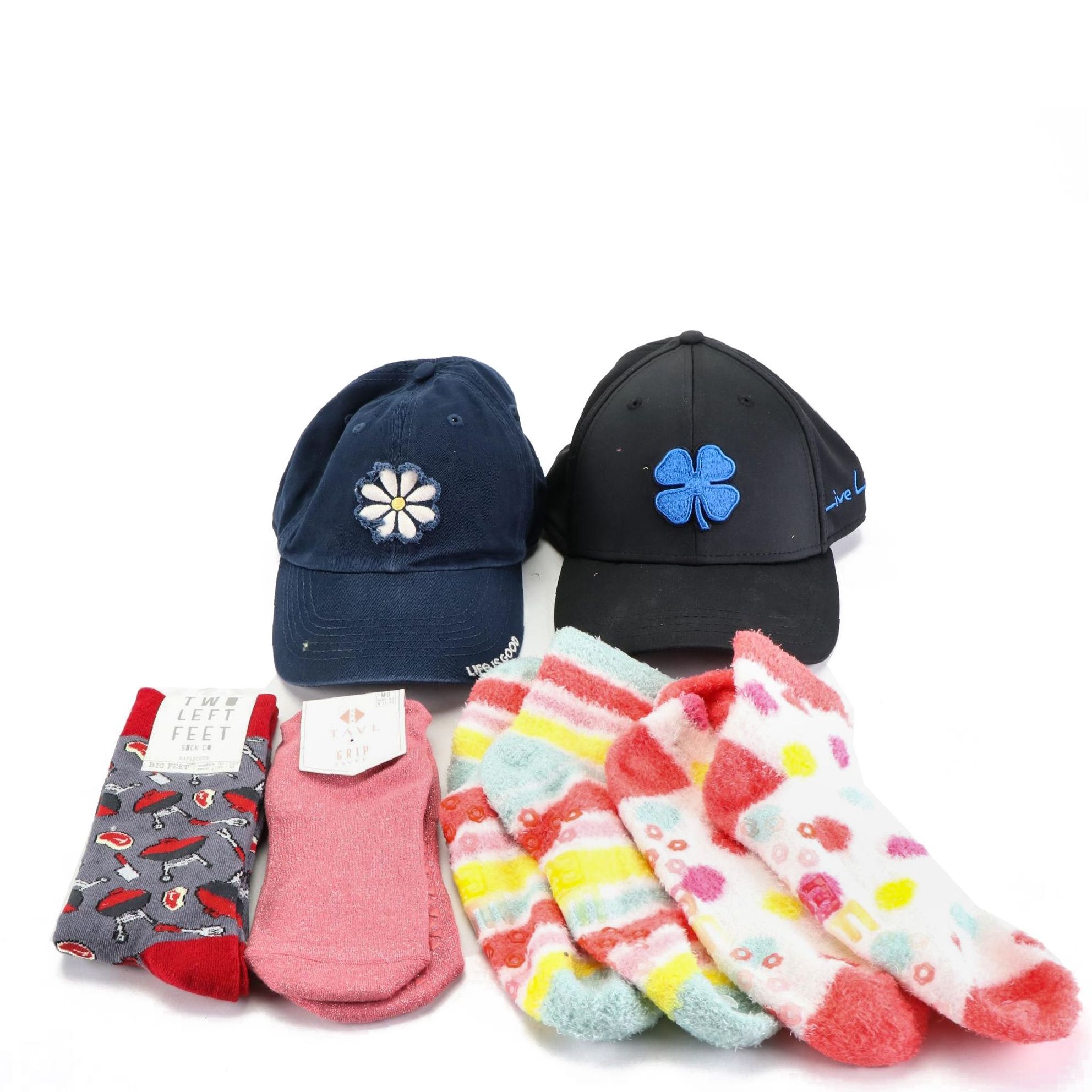 Life is Good and Black Clover Baseball Caps with Two Left Feet and Other Socks