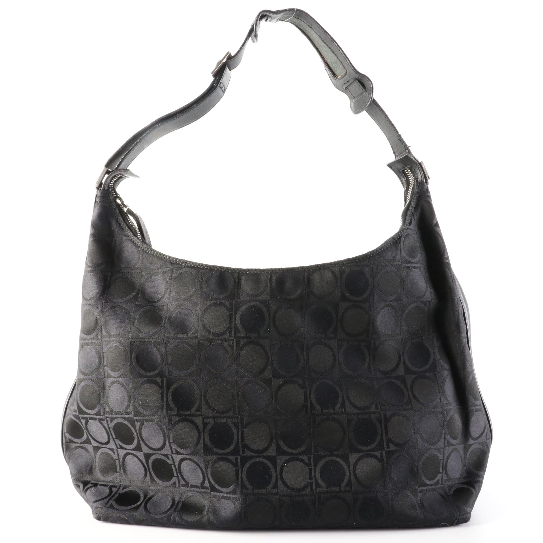 Salvatore Ferragamo Hobo Bag in Black Gancini Canvas and Leather Trim