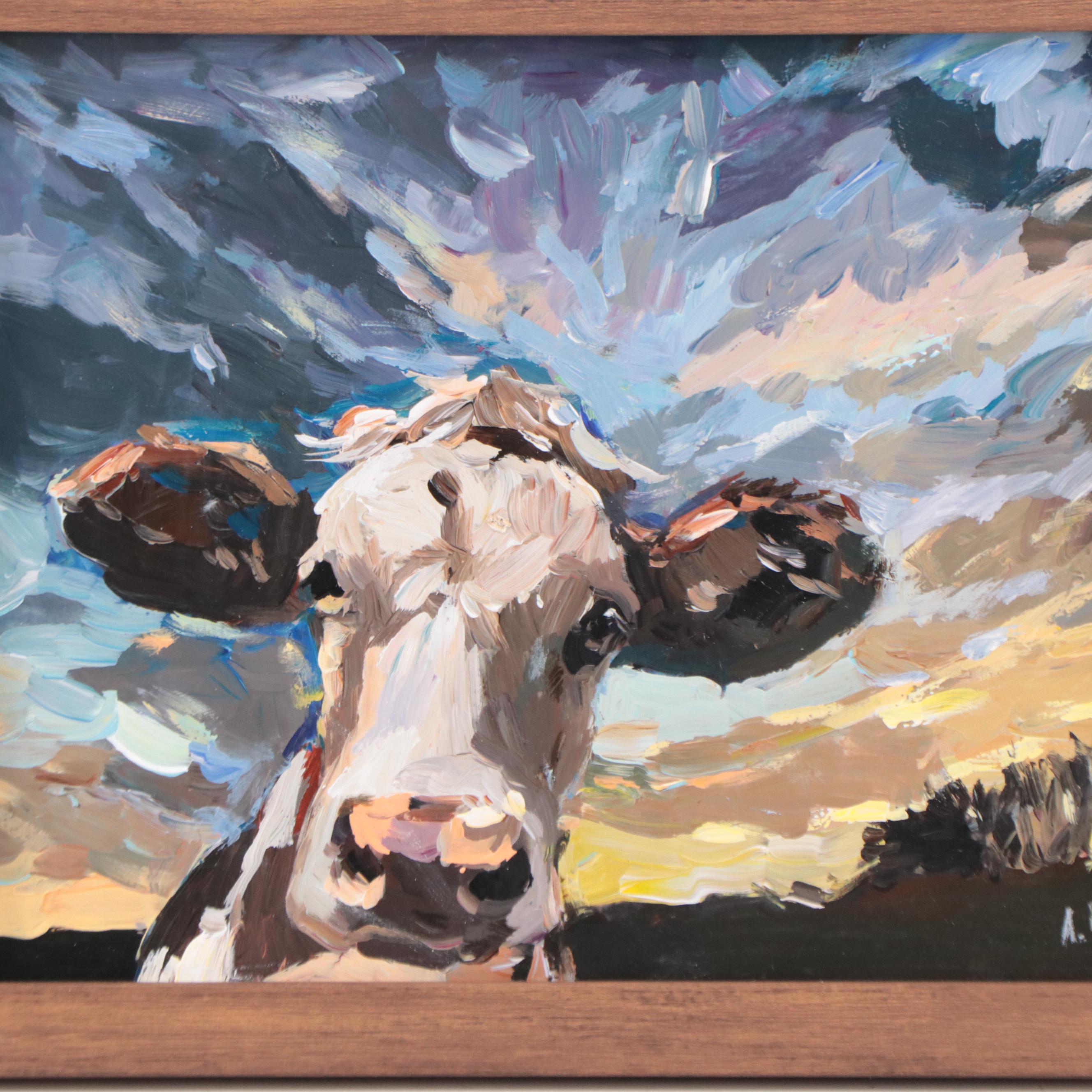 Agnes Rey Cow Portrait Oil Painting "Head in the Clouds," 2023