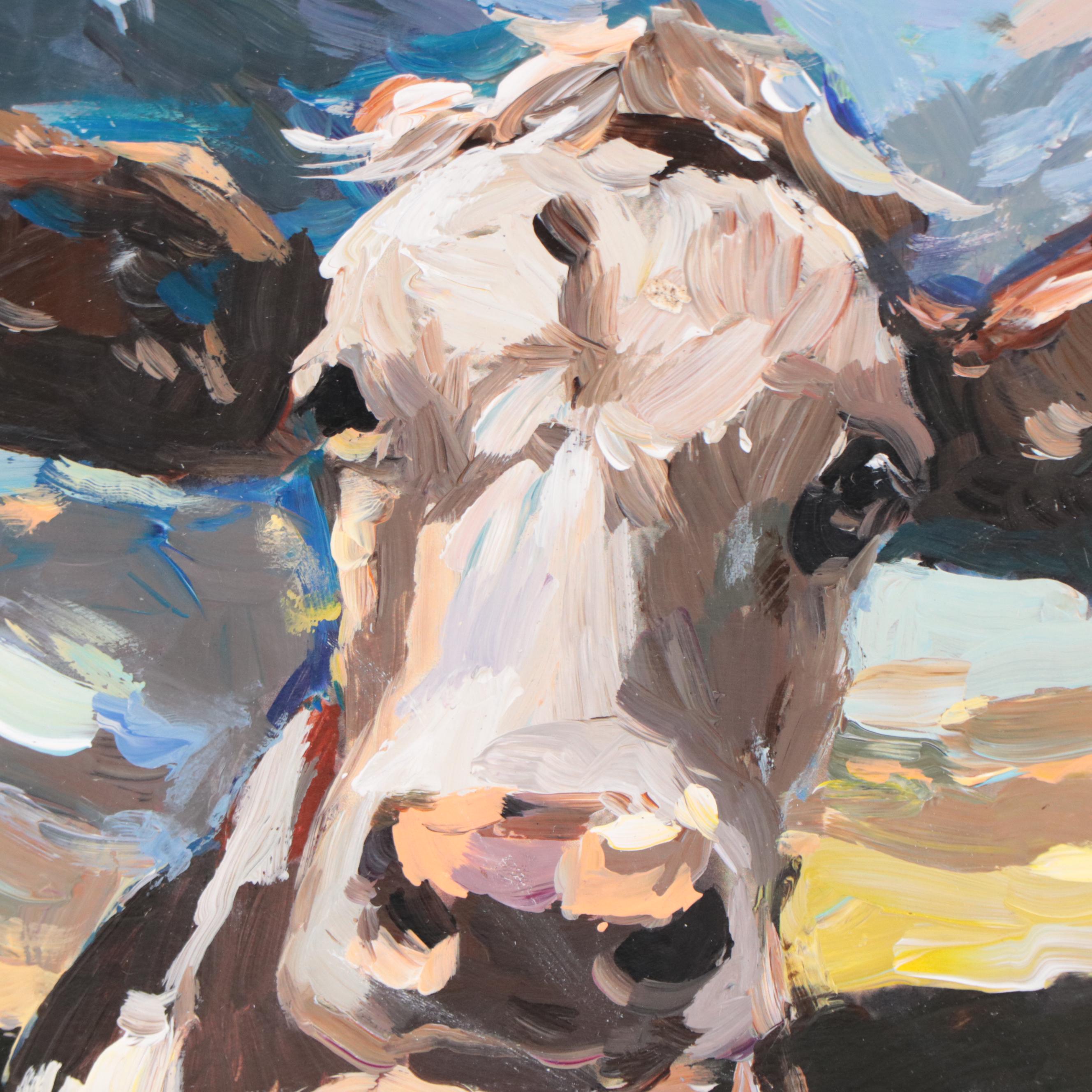 Agnes Rey Cow Portrait Oil Painting "Head in the Clouds," 2023