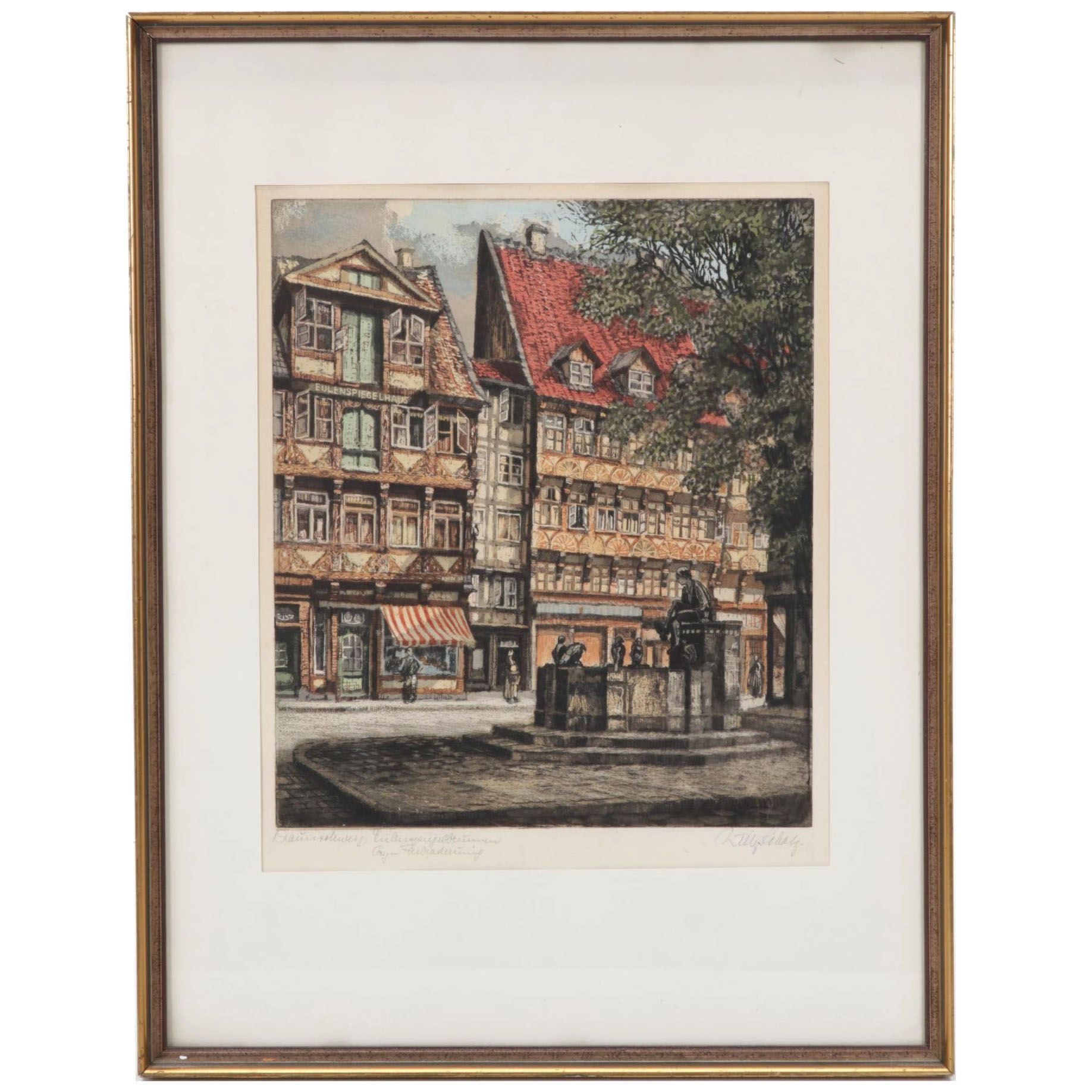 Willy Scholz Color Etching "Braunschweig Spiegelbrunnen"