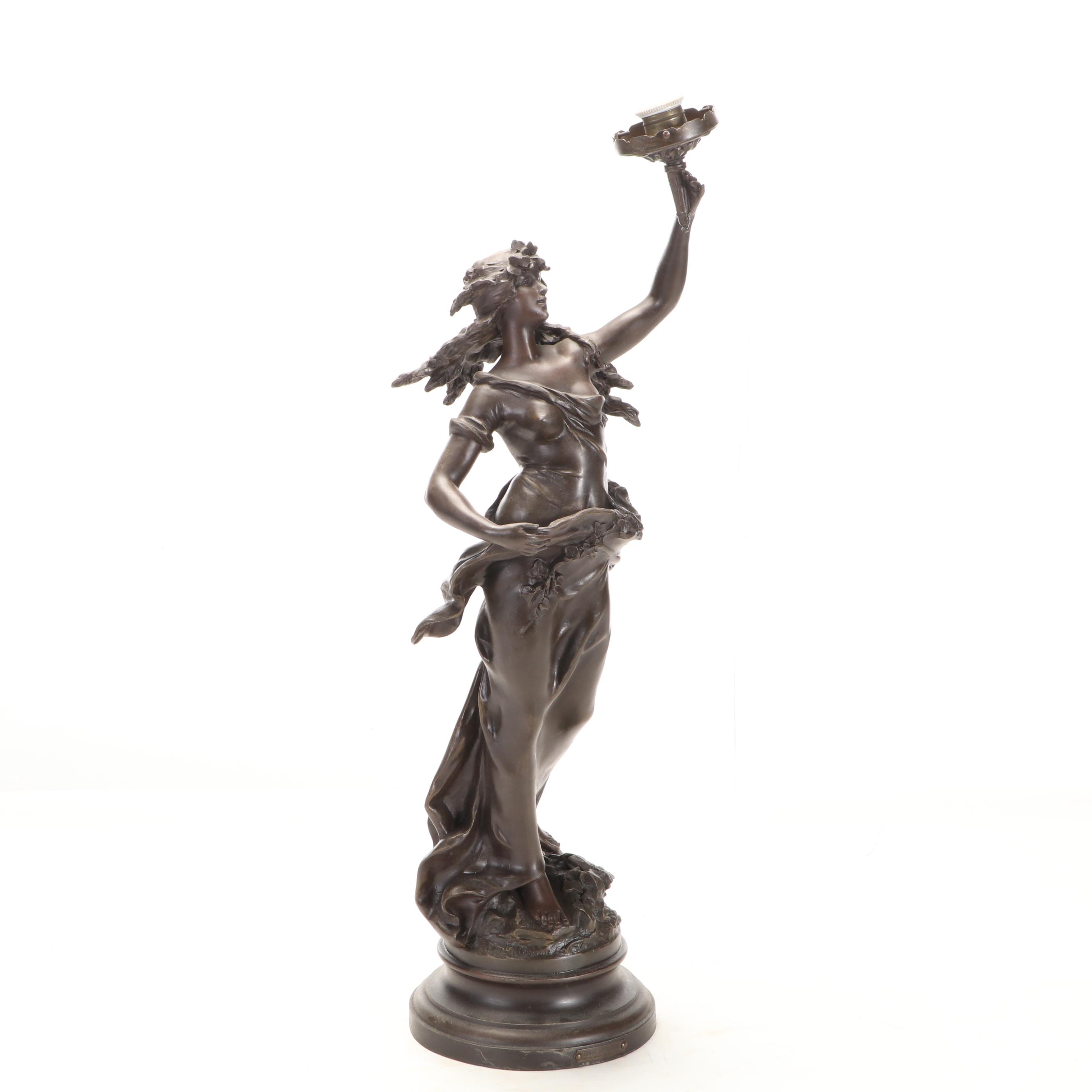 Bronzed Spelter Sculpture after A.  Moreau "Brise D'Automne" Newel Post Lamp