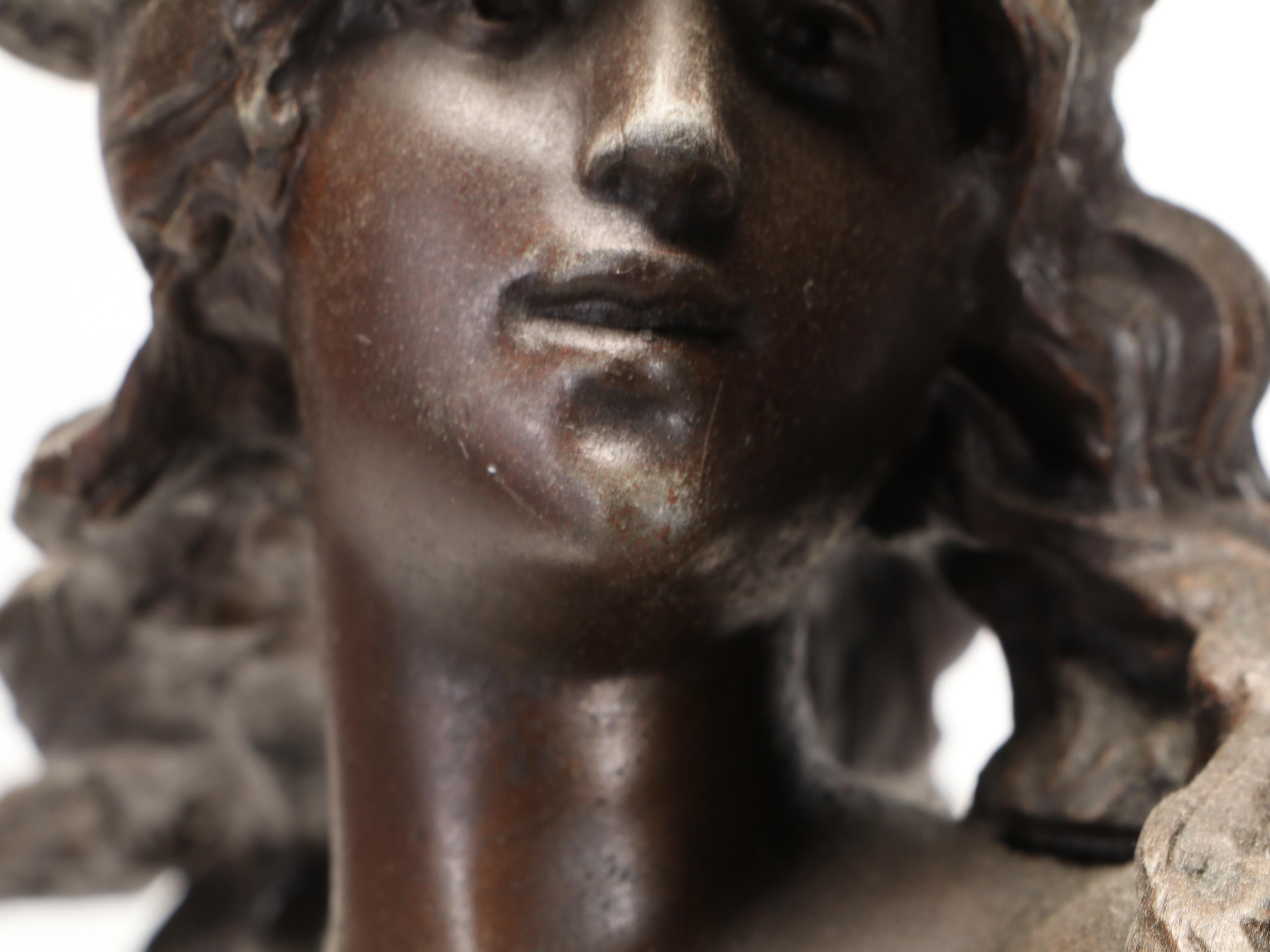 Bronzed Spelter Sculpture after A.  Moreau "Brise D'Automne" Newel Post Lamp