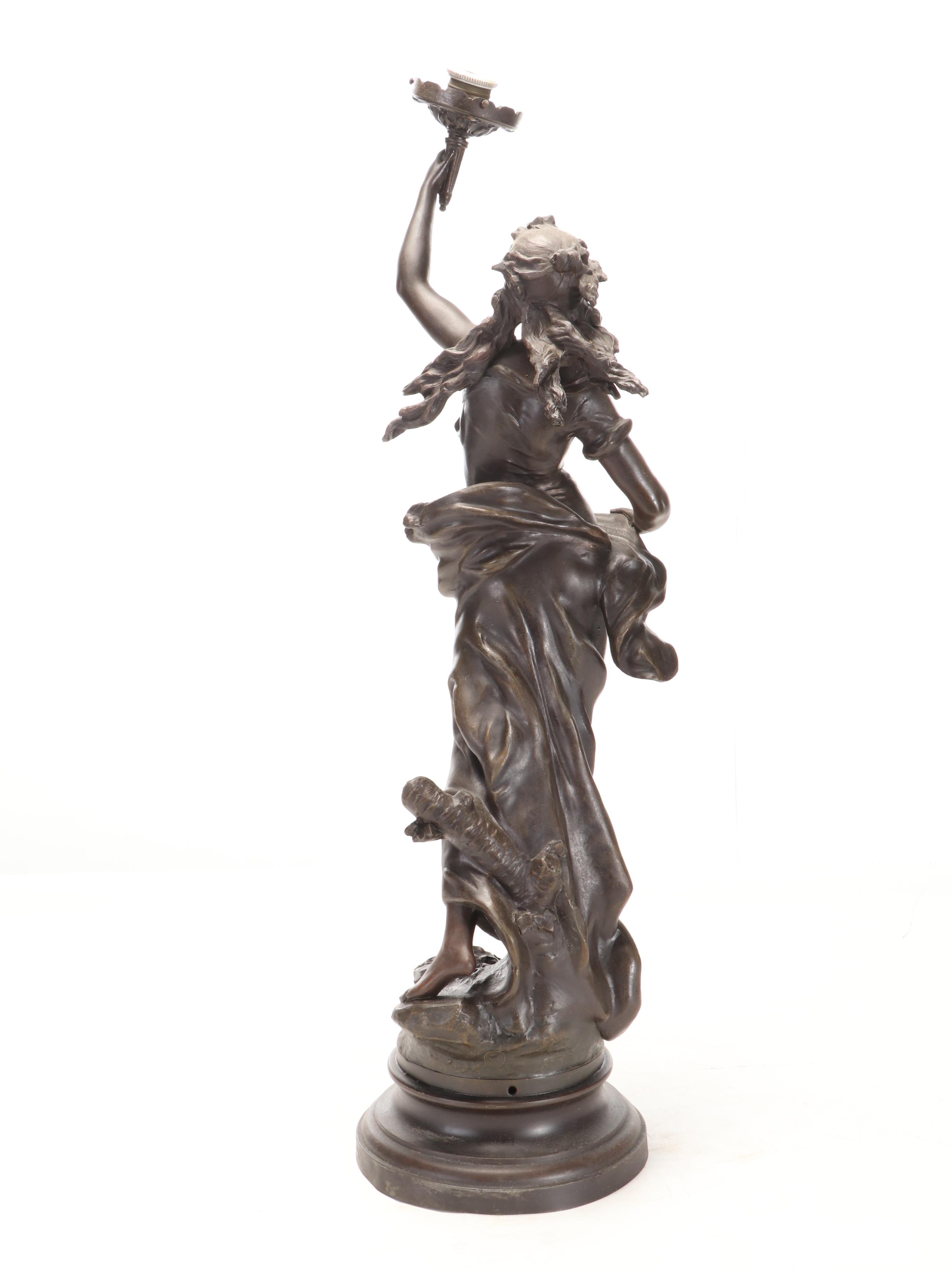 Bronzed Spelter Sculpture after A.  Moreau "Brise D'Automne" Newel Post Lamp