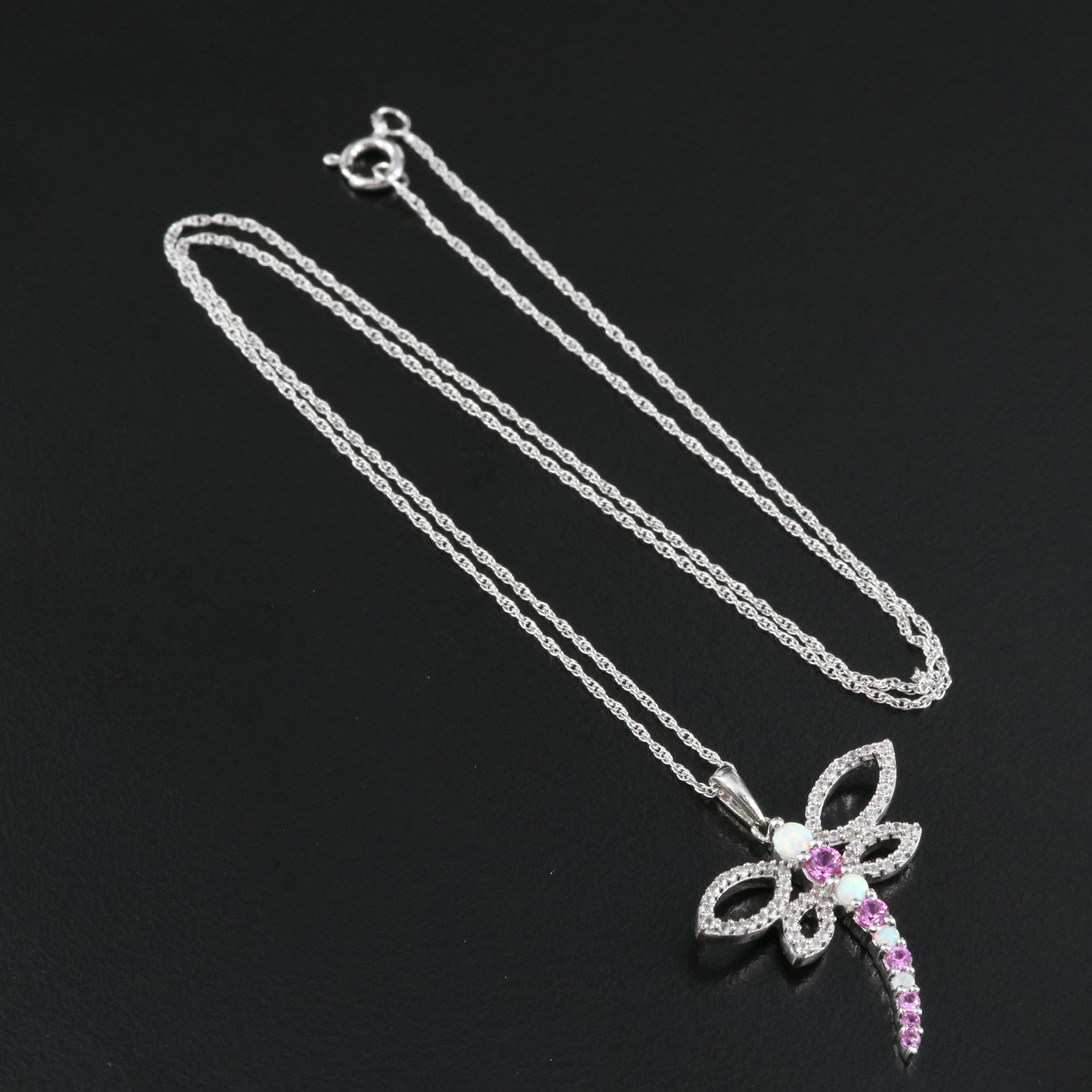 Sterling Opal and Lab Grown Sapphire Dragonfly Necklace
