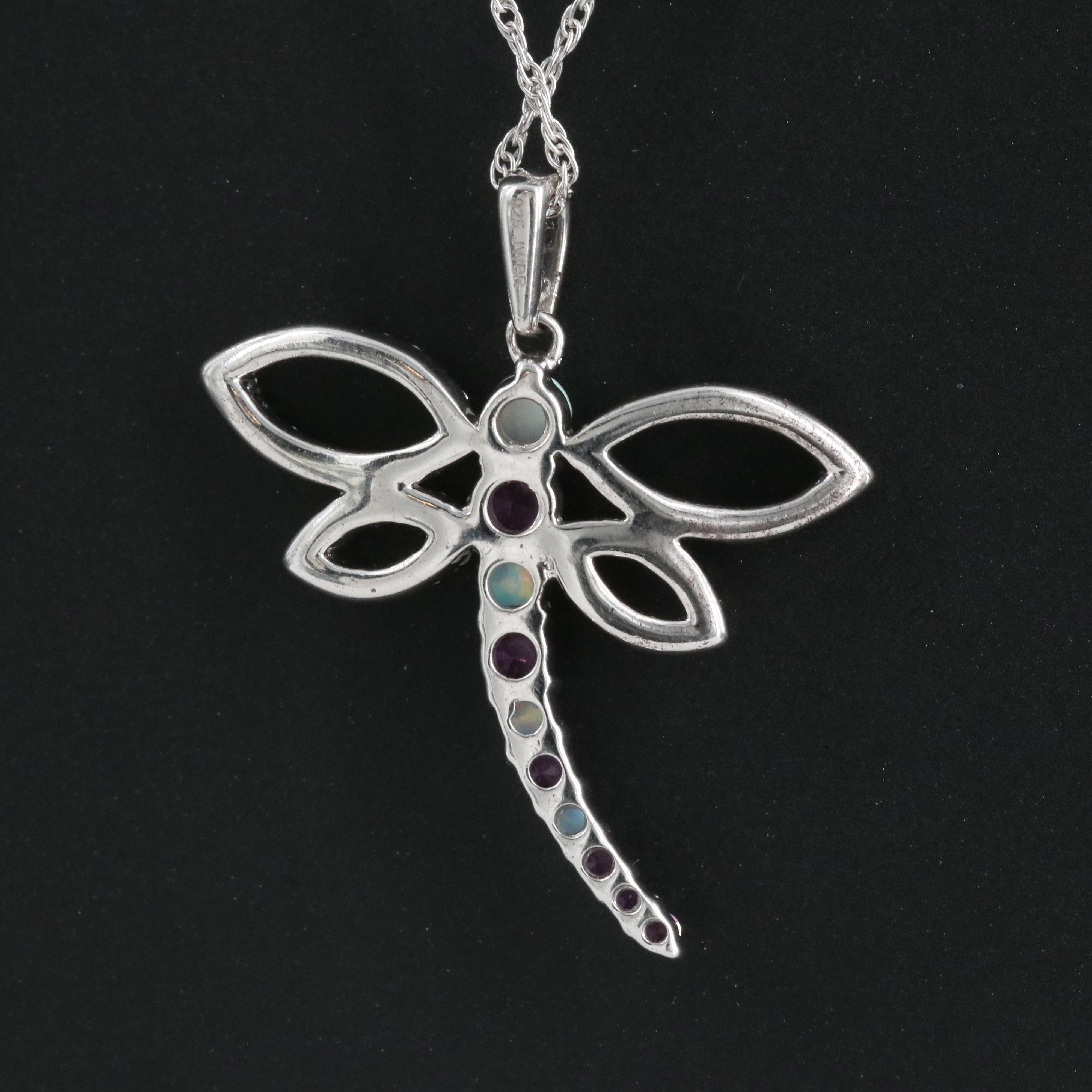 Sterling Opal and Lab Grown Sapphire Dragonfly Necklace