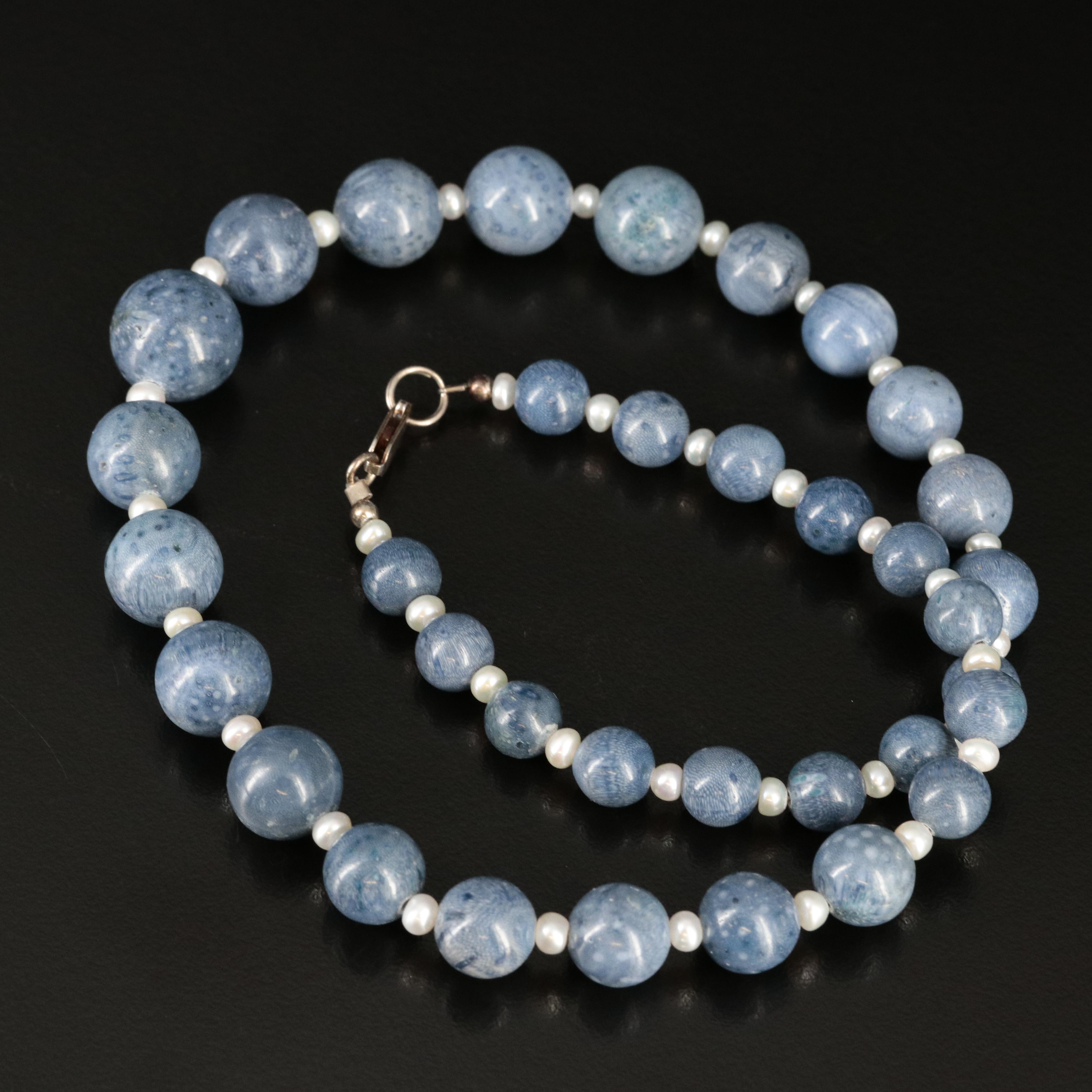 Coral and Pearl Graduated Necklace with Sterling Clasp