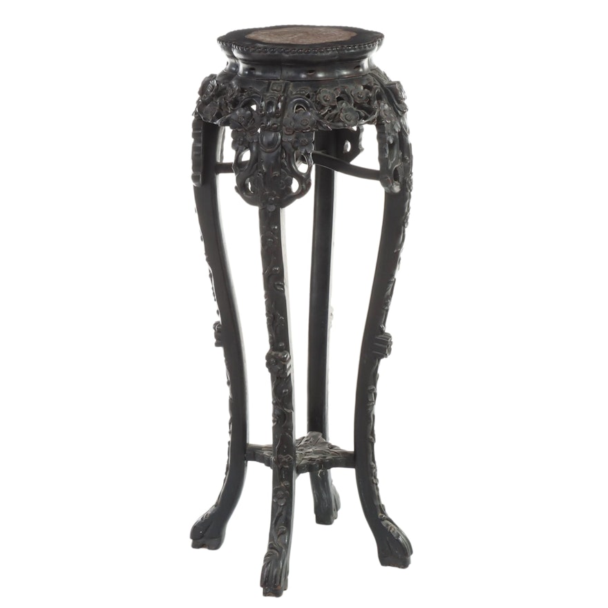 Chinese Ebonized and Carved Hardwood Pedestal with Marble Top