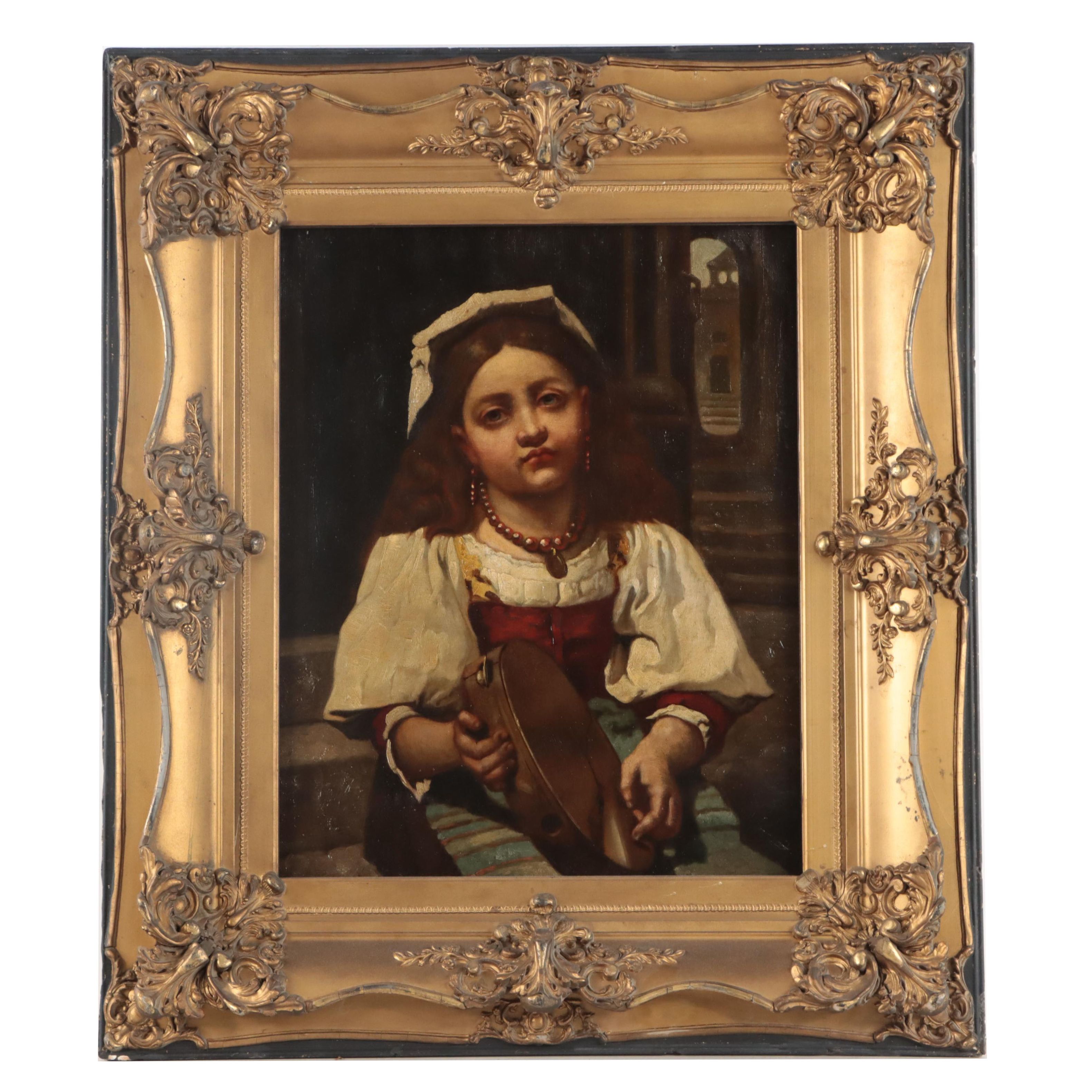 Italian School Oil Painting of Young Girl With Tambourine, 19th Century