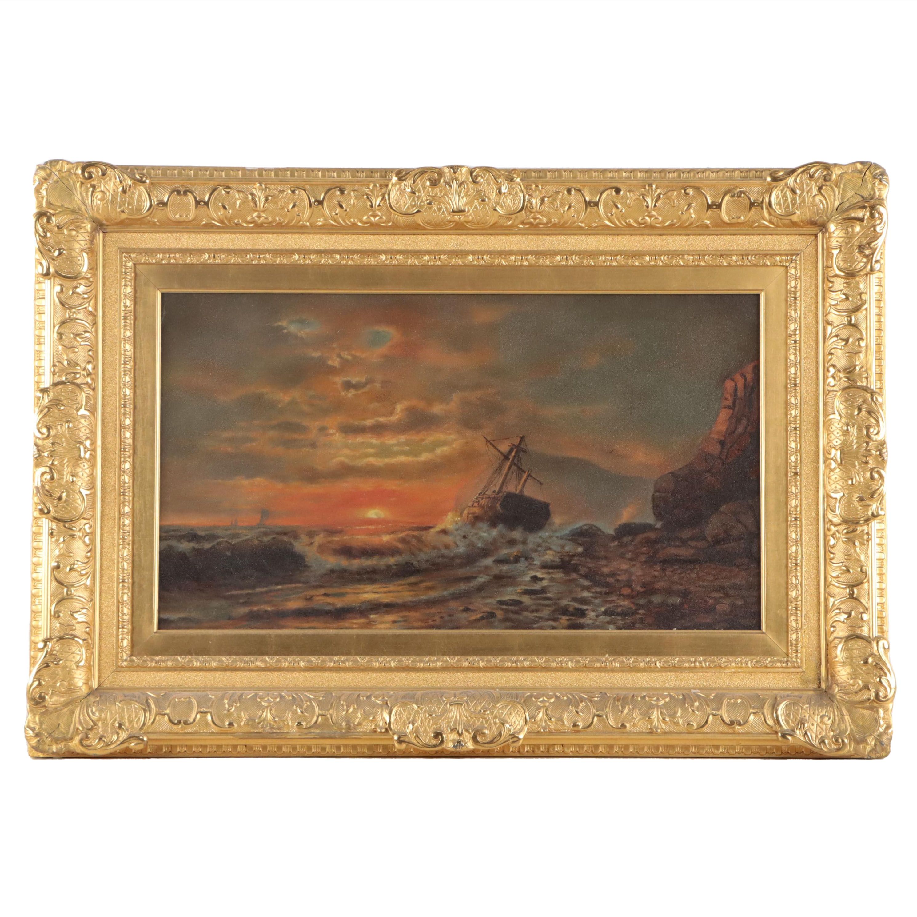 Oil Painting of Sailing Ship In Coastal Landscape