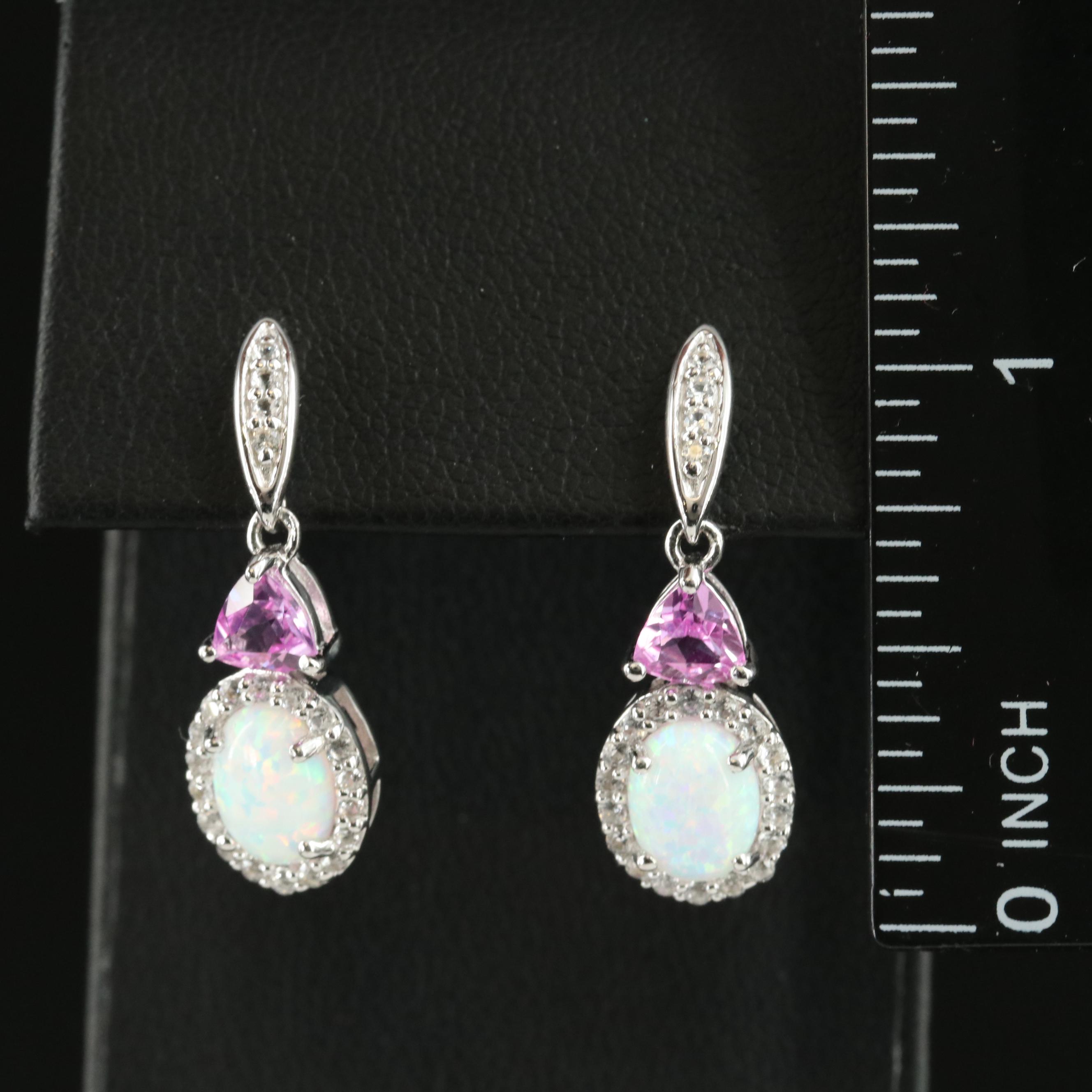 Sterling Opal, Pink and White Sapphire Earrings