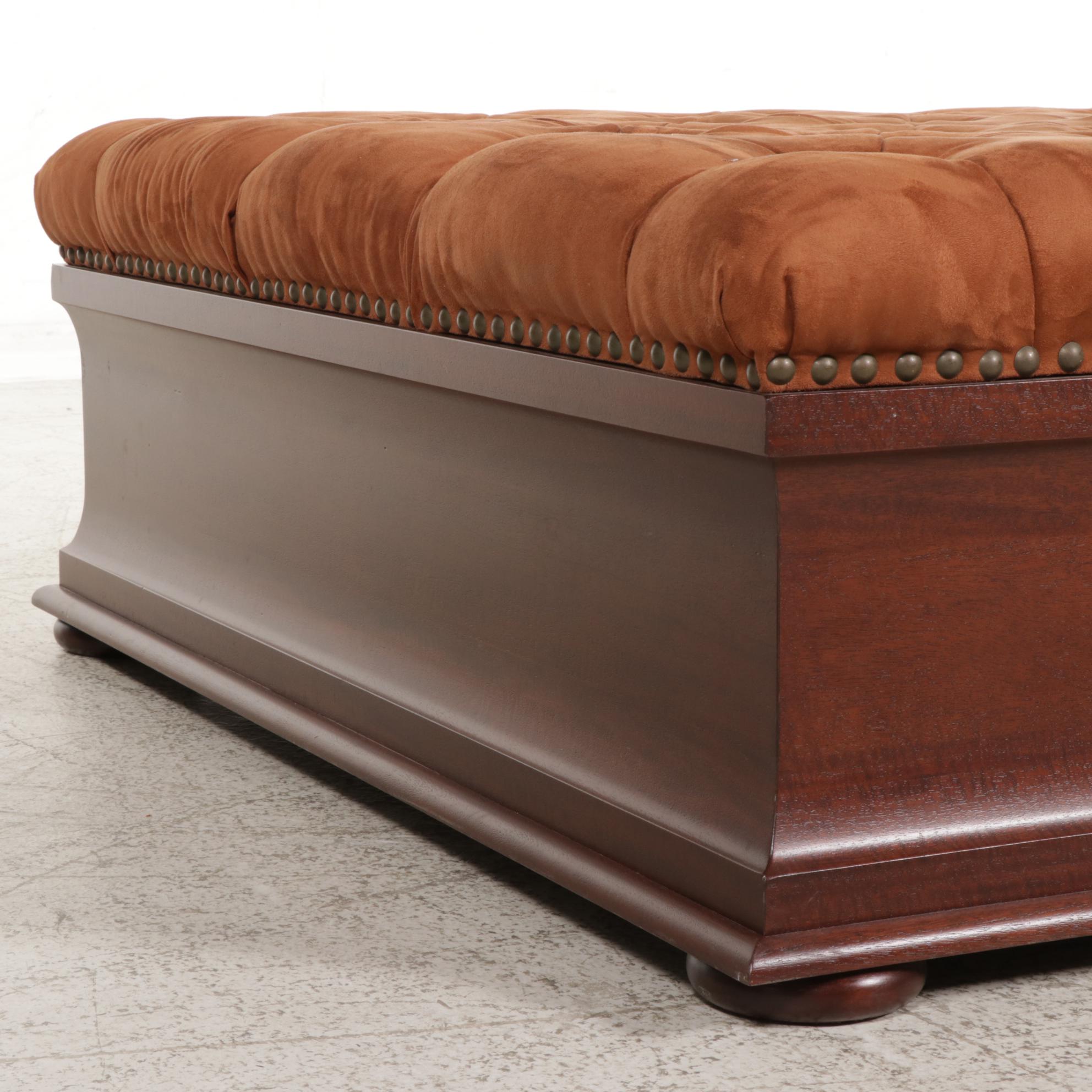 Contemporary Buttoned-Down Suede and Ogee Frame Ottoman