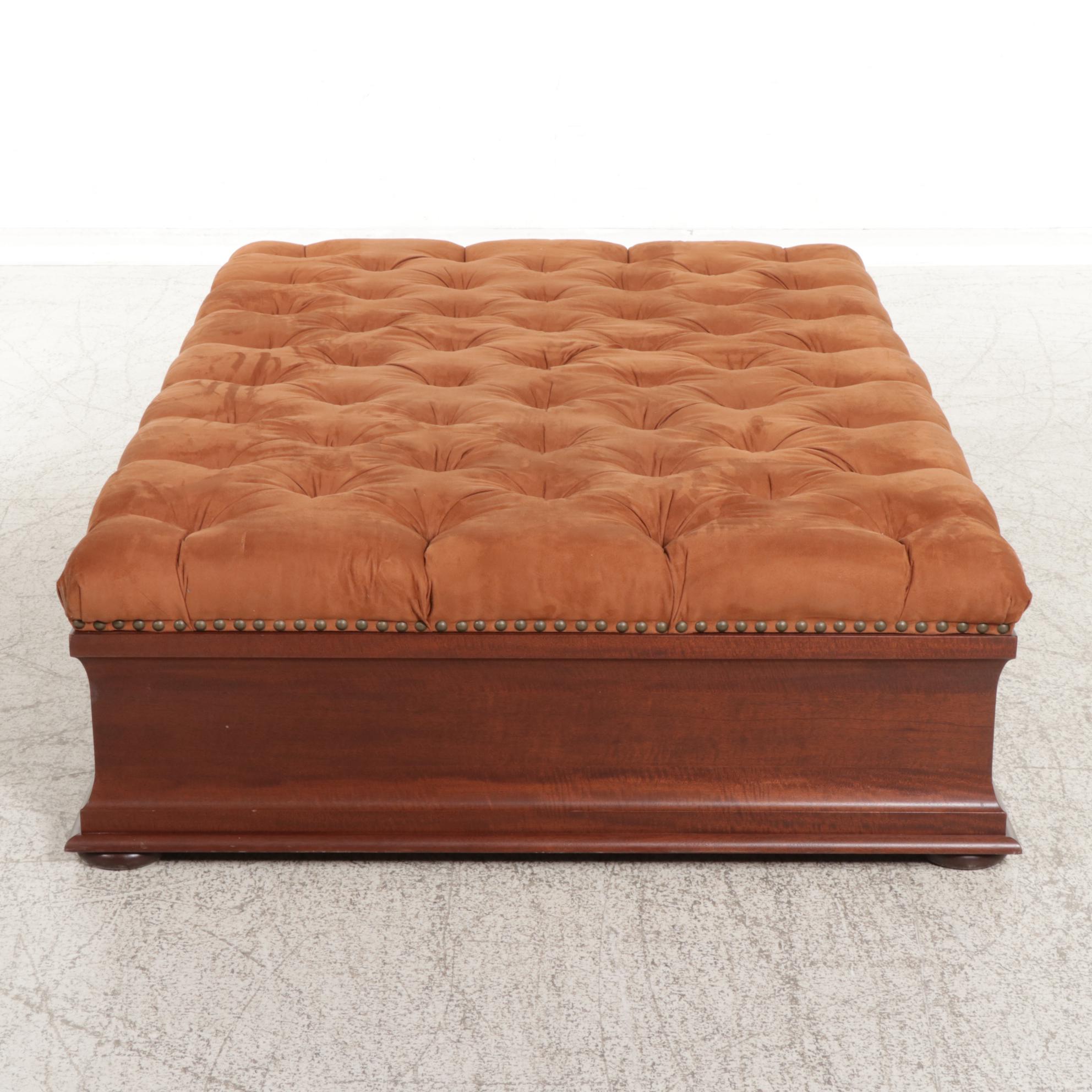 Contemporary Buttoned-Down Suede and Ogee Frame Ottoman