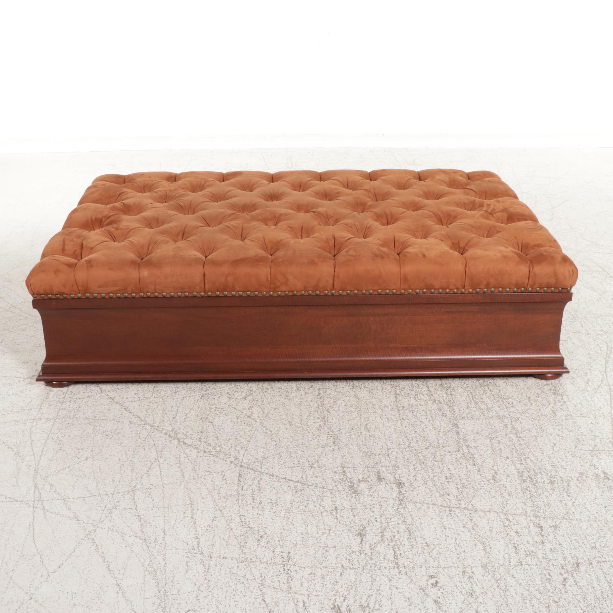Contemporary Buttoned-Down Suede and Ogee Frame Ottoman