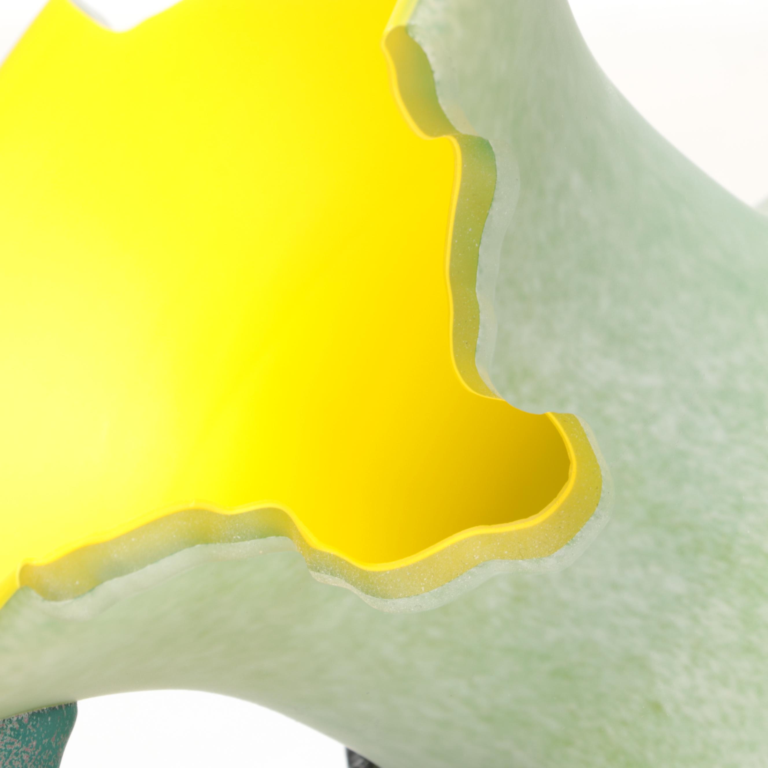 Handmade Cased Art Glass Two-Handled Vase With Metal Stand