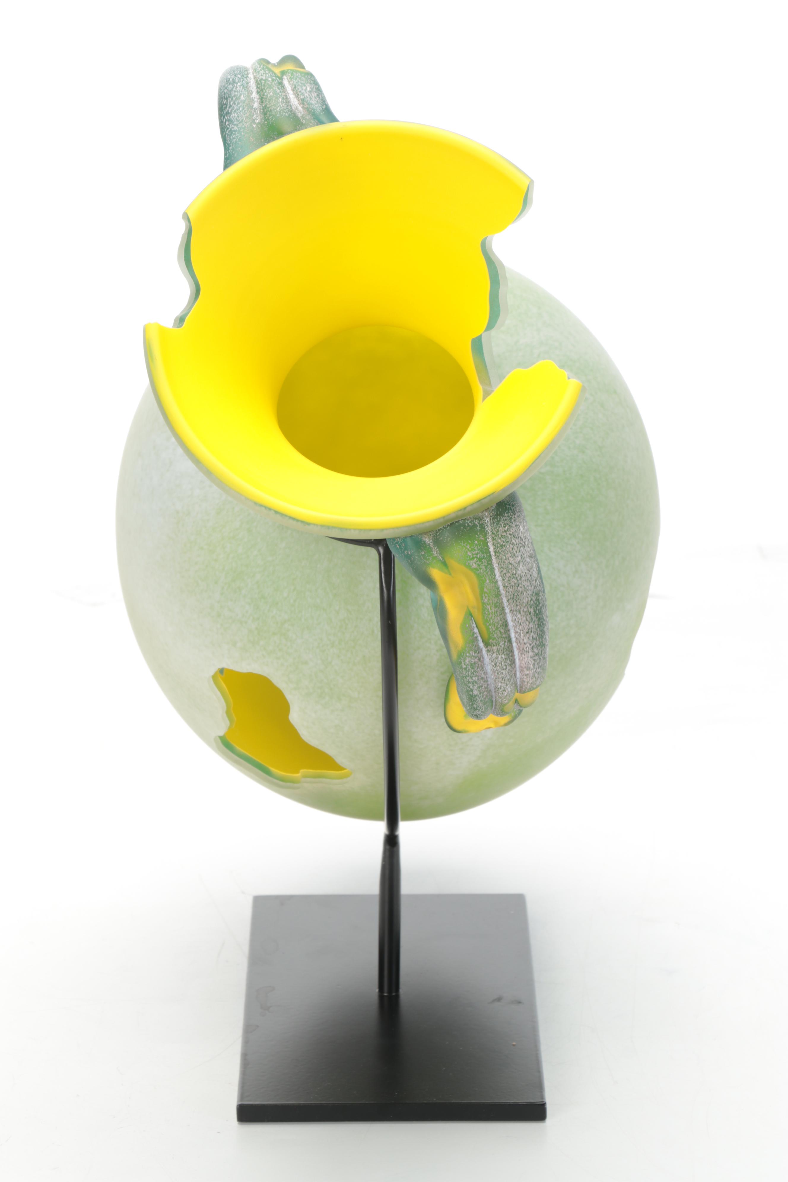 Handmade Cased Art Glass Two-Handled Vase With Metal Stand