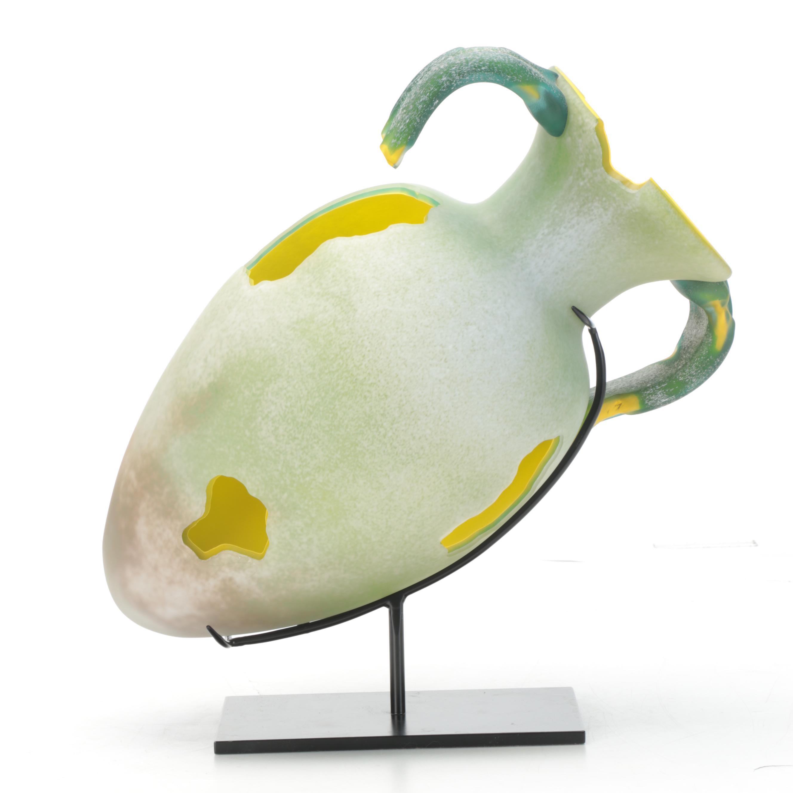 Handmade Cased Art Glass Two-Handled Vase With Metal Stand