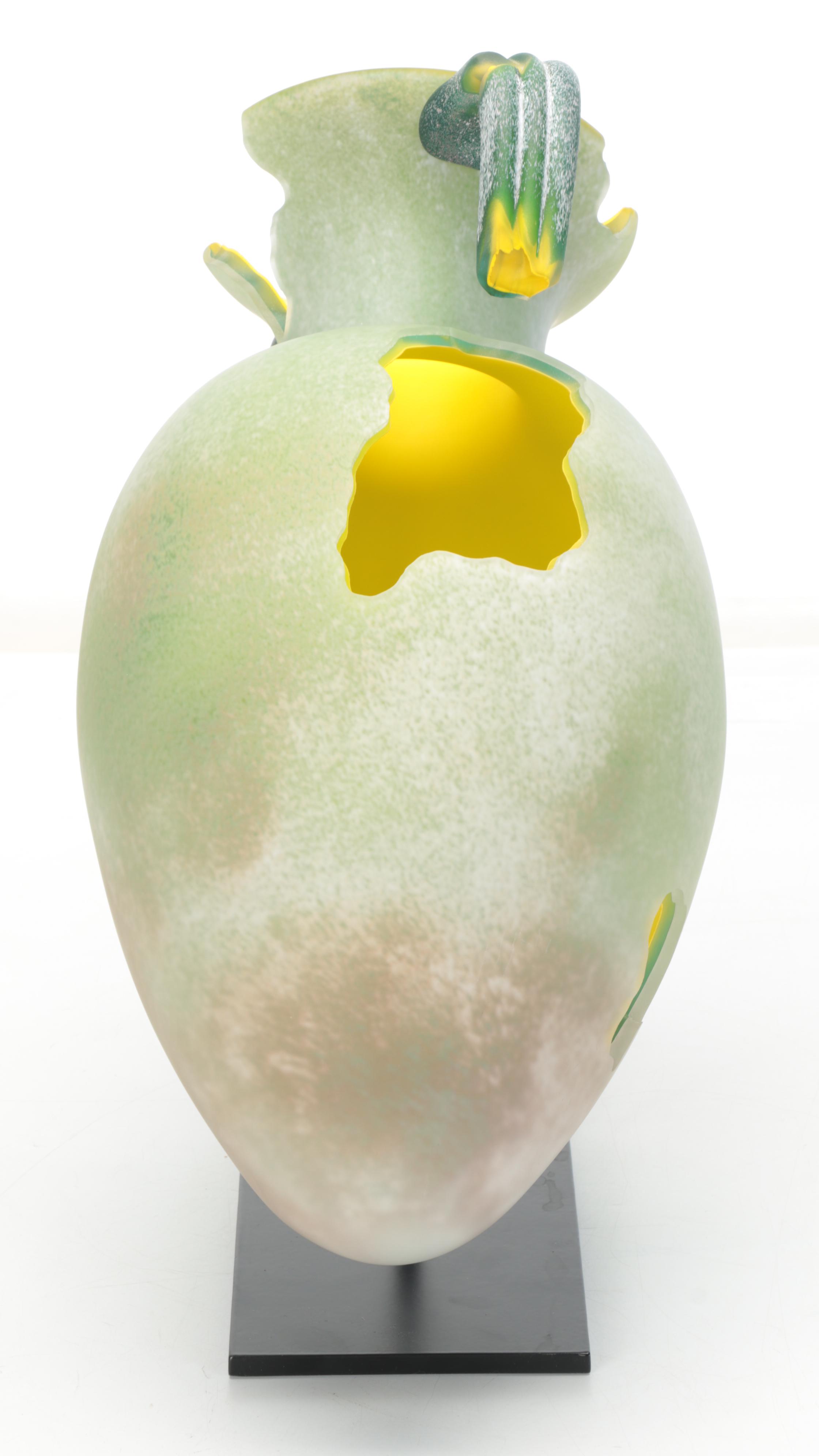 Handmade Cased Art Glass Two-Handled Vase With Metal Stand