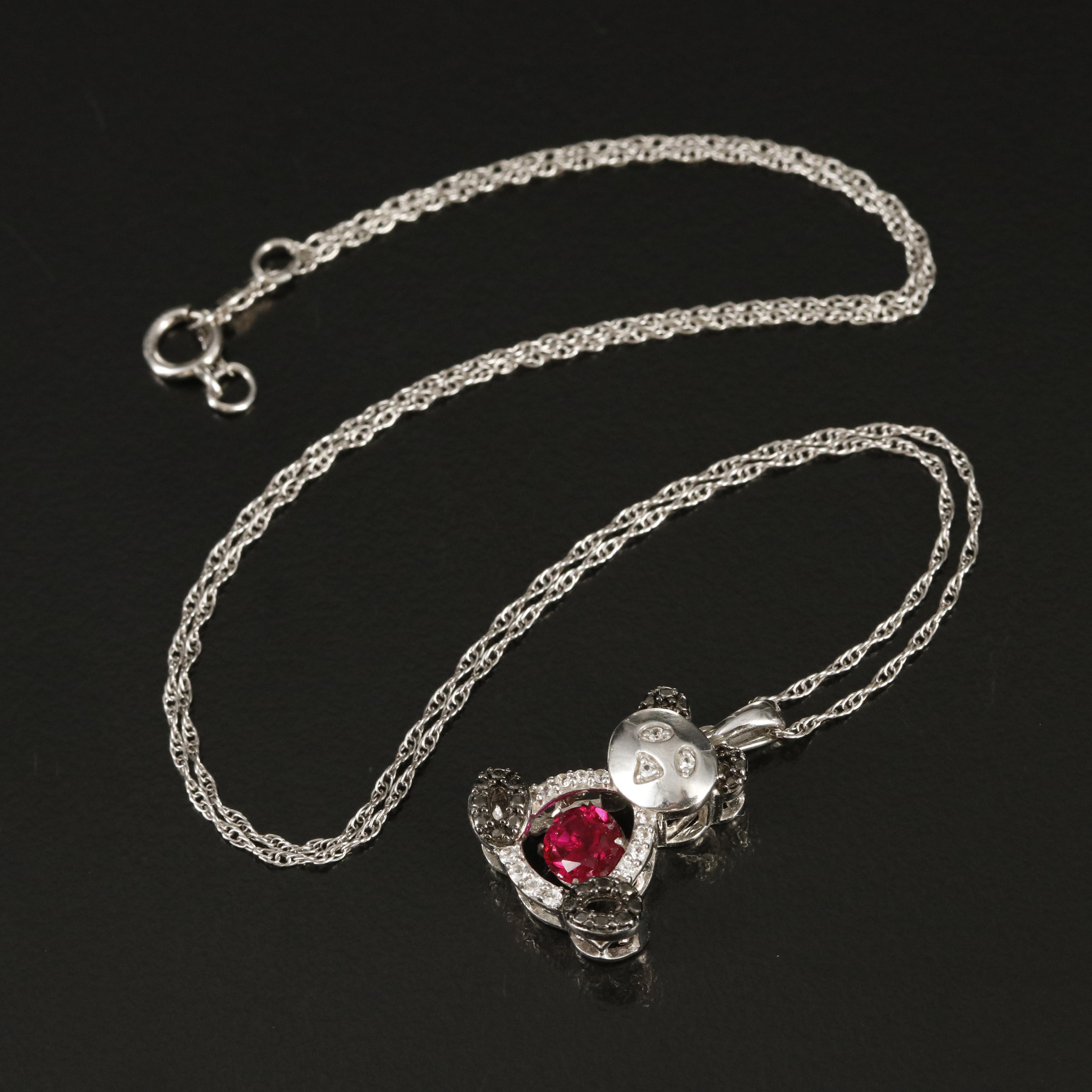 Sterling Ruby and Sapphire Panda Tremble Pendant Necklace