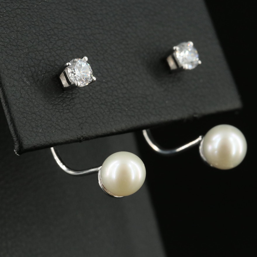 Sterling Pearl and Cubic Zirconia Earrings