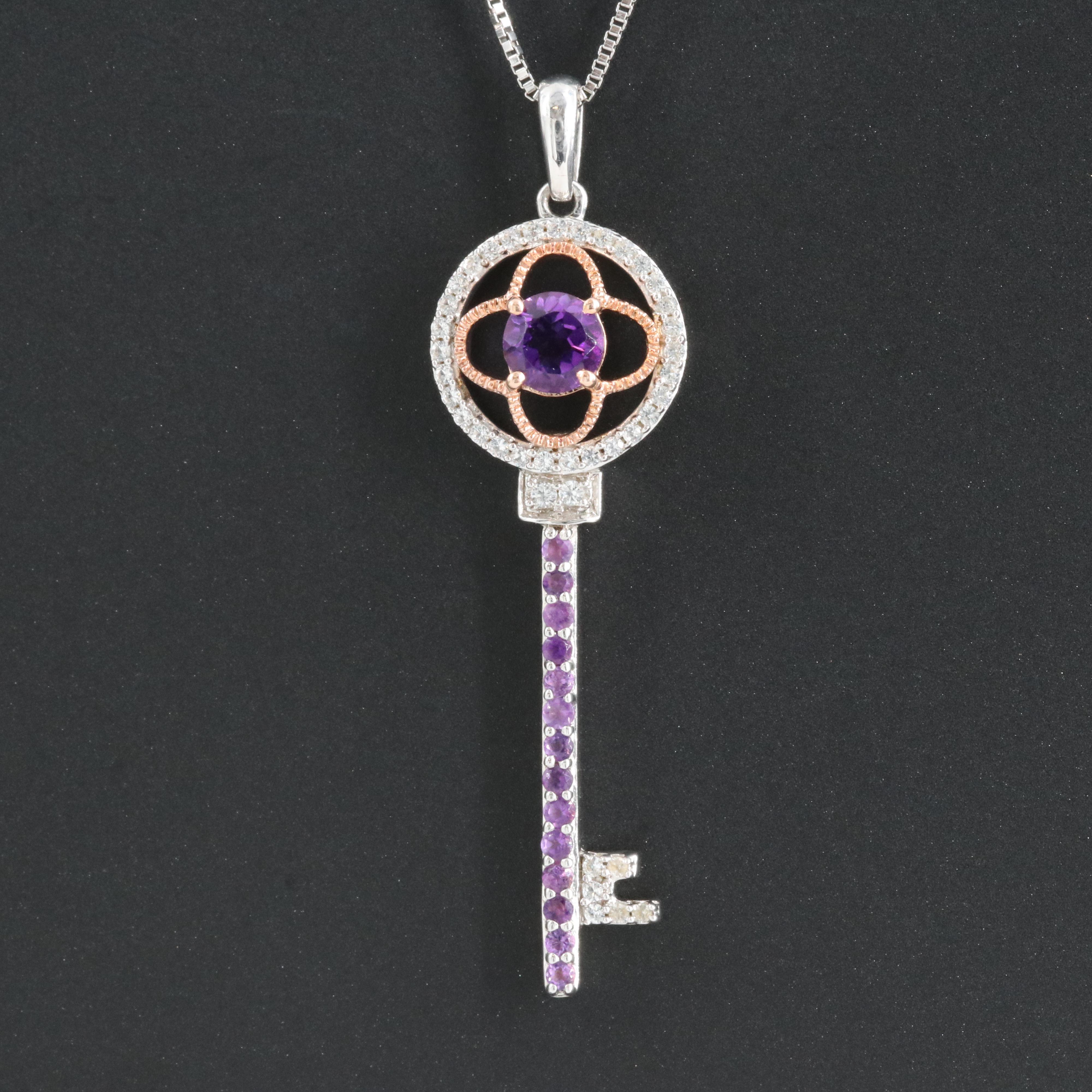 Sterling Amethyst and Sapphire Key Pendant Necklace with 10K Rose Gold Accents