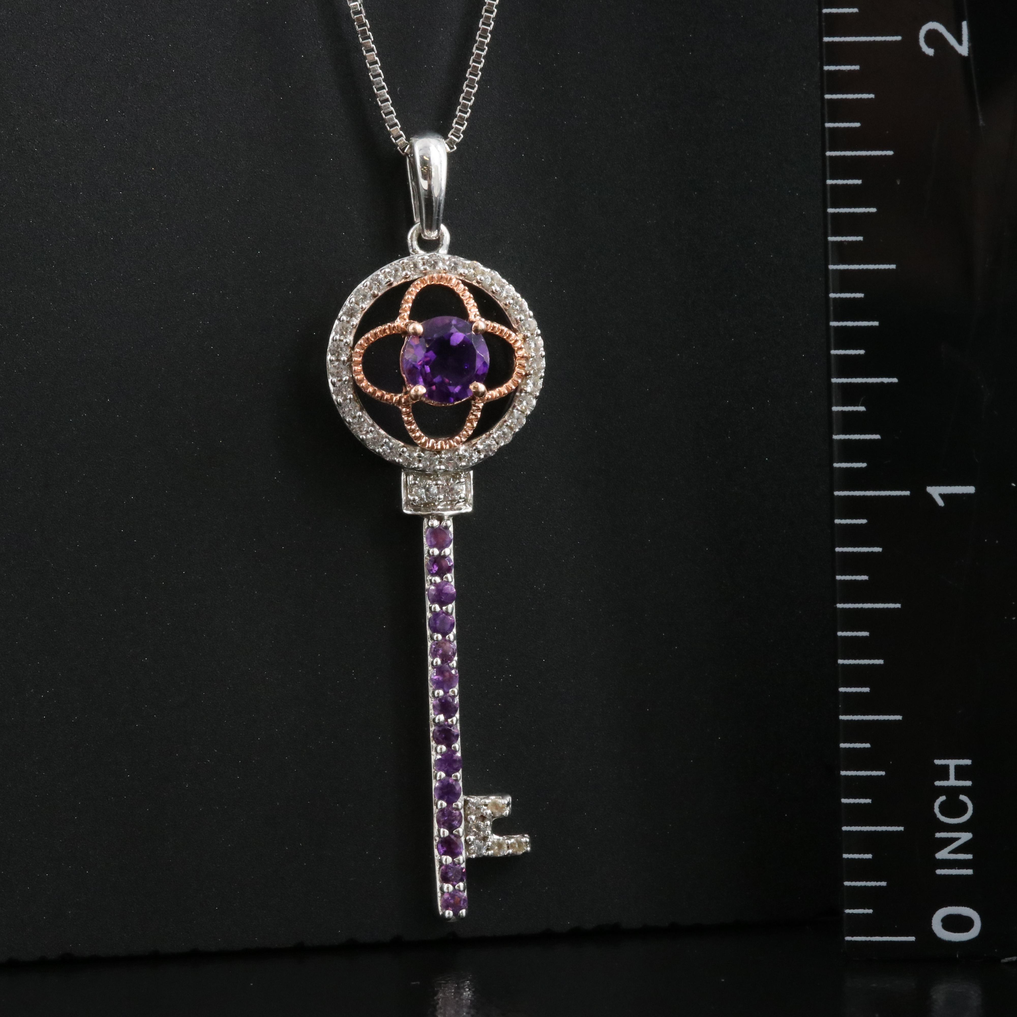 Sterling Amethyst and Sapphire Key Pendant Necklace with 10K Rose Gold Accents