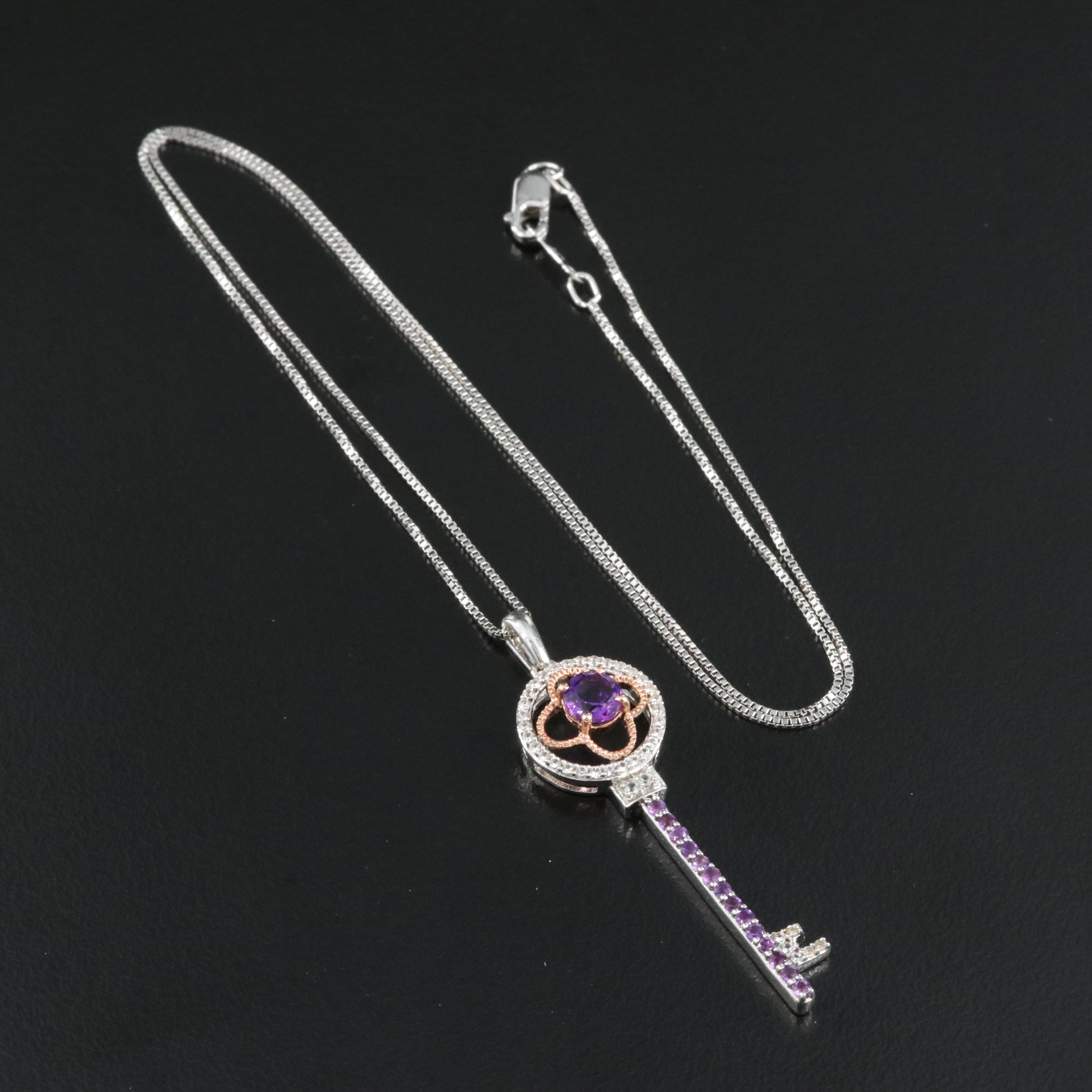 Sterling Amethyst and Sapphire Key Pendant Necklace with 10K Rose Gold Accents