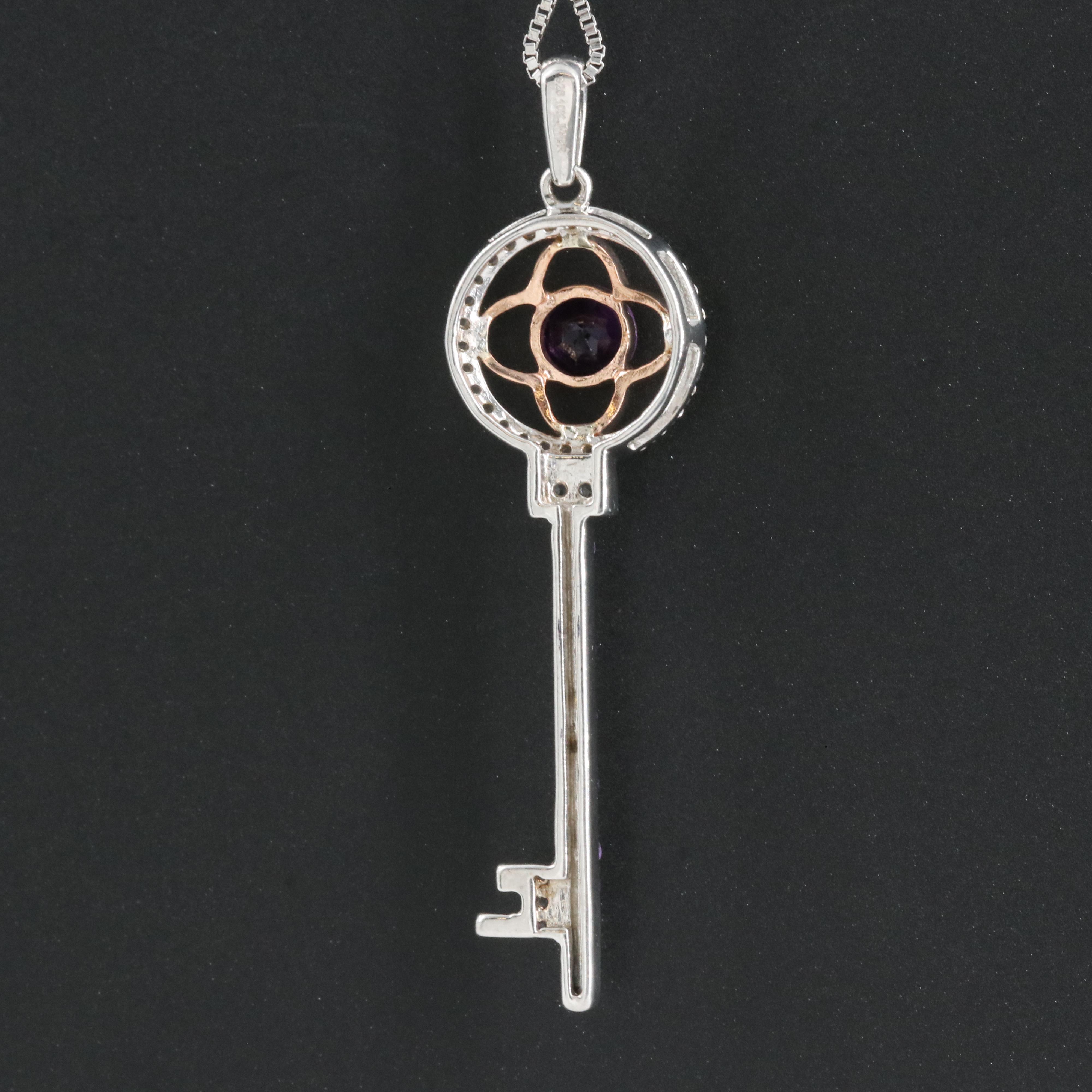 Sterling Amethyst and Sapphire Key Pendant Necklace with 10K Rose Gold Accents