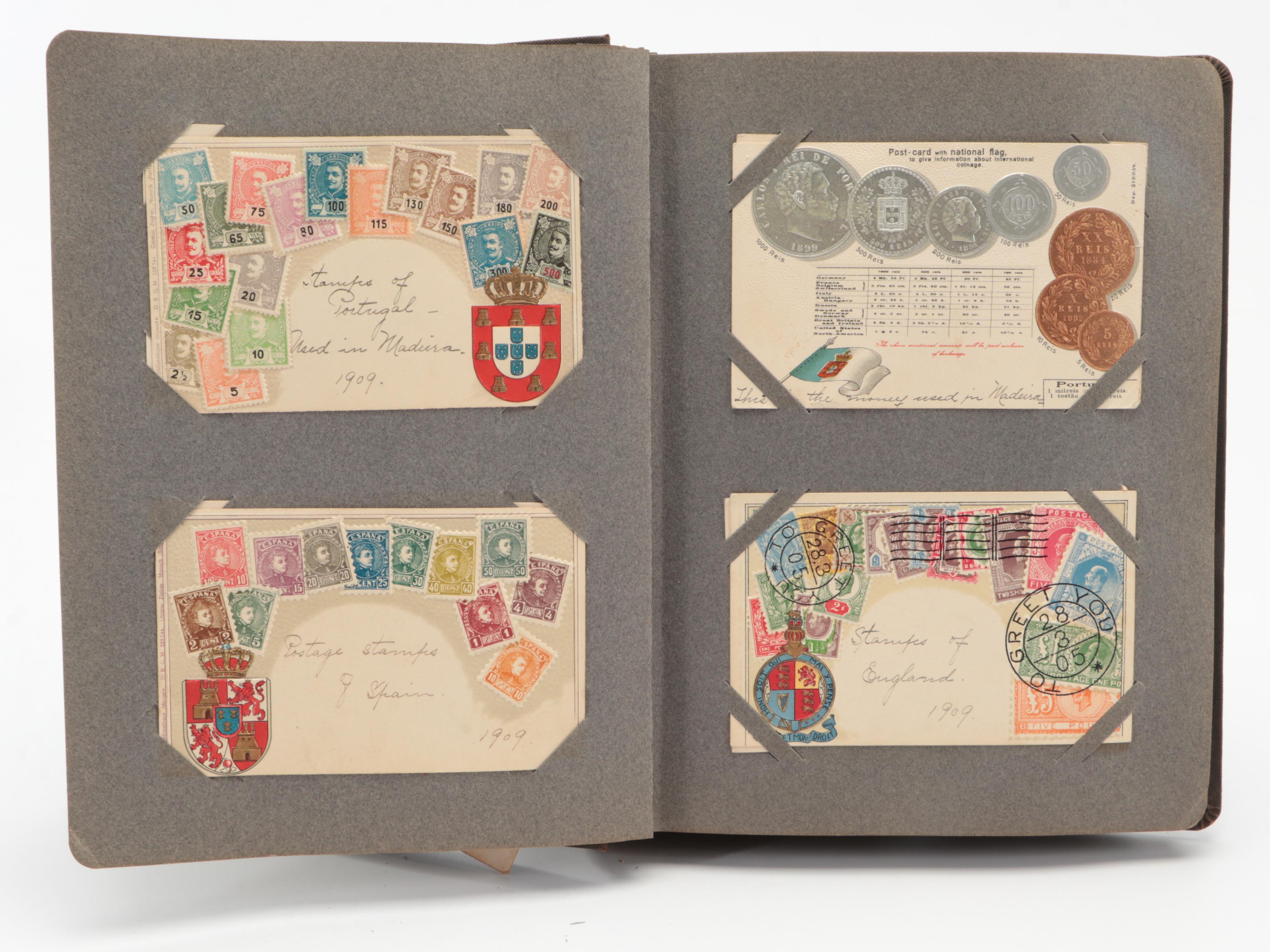 Postcard Albums with Travel Postcards and Stamps