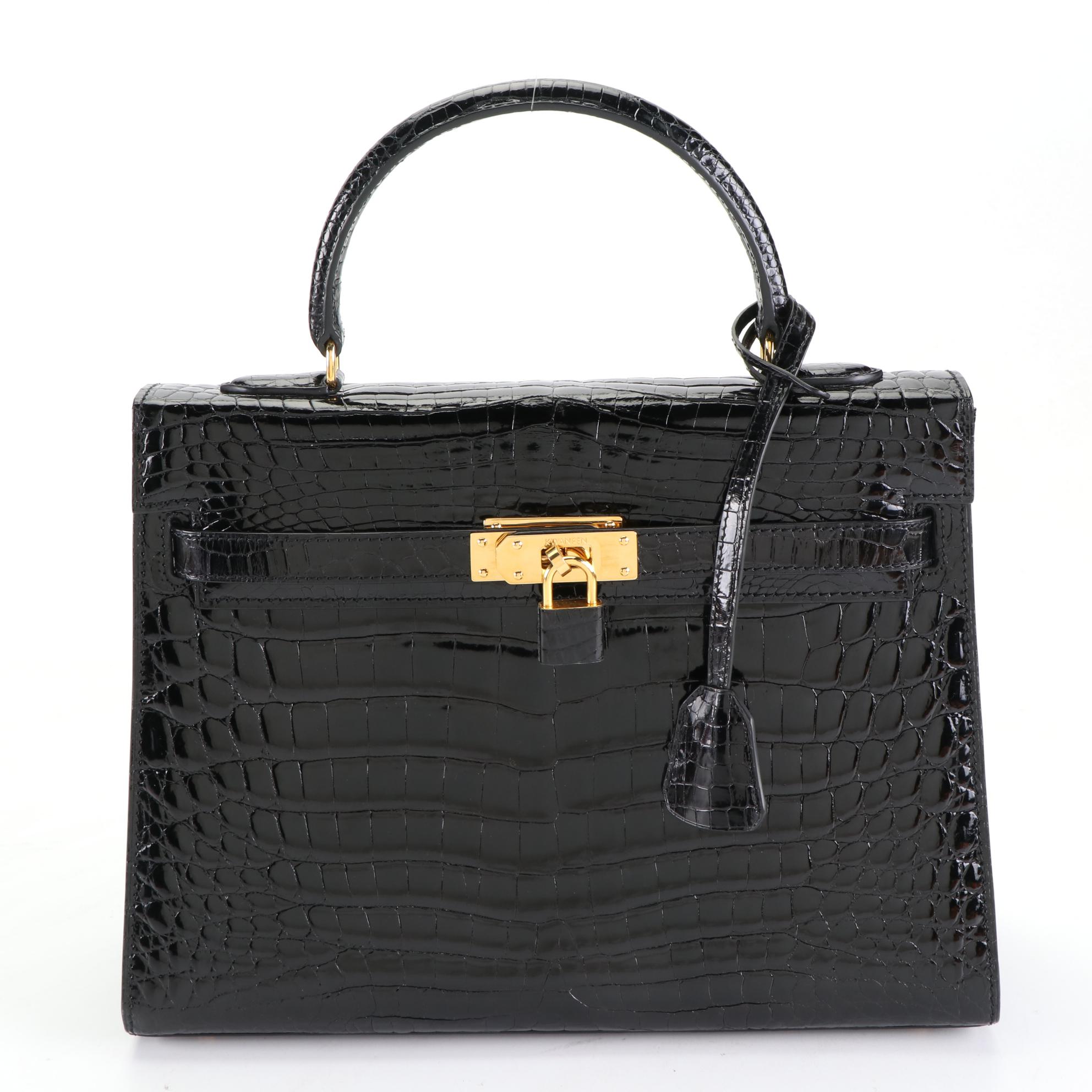 Kwanpen Belted Two-Way Bag in High Gloss Crocodile Skin Leather