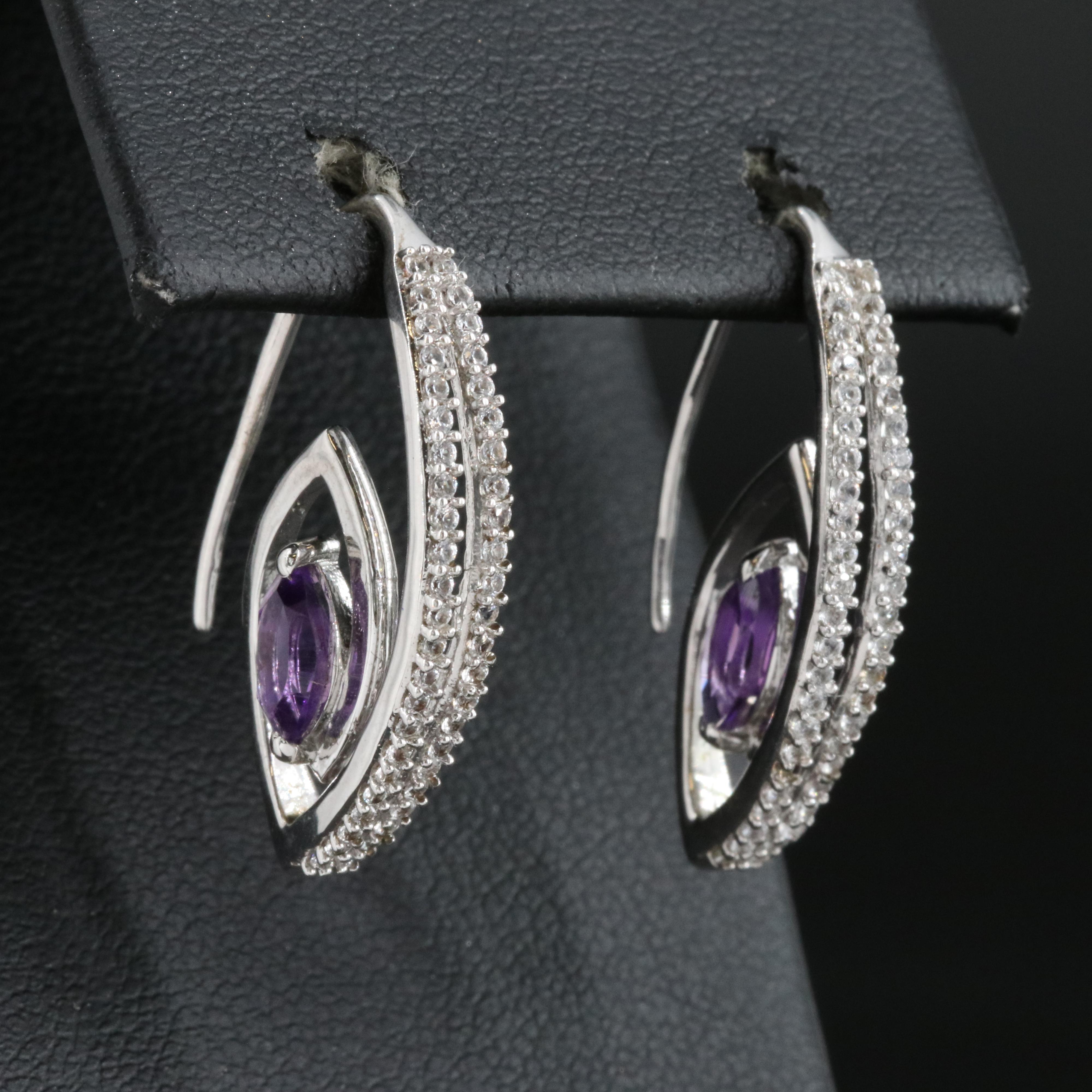 Sterling Amethyst and Sapphire Threader Style Hoop Earrings