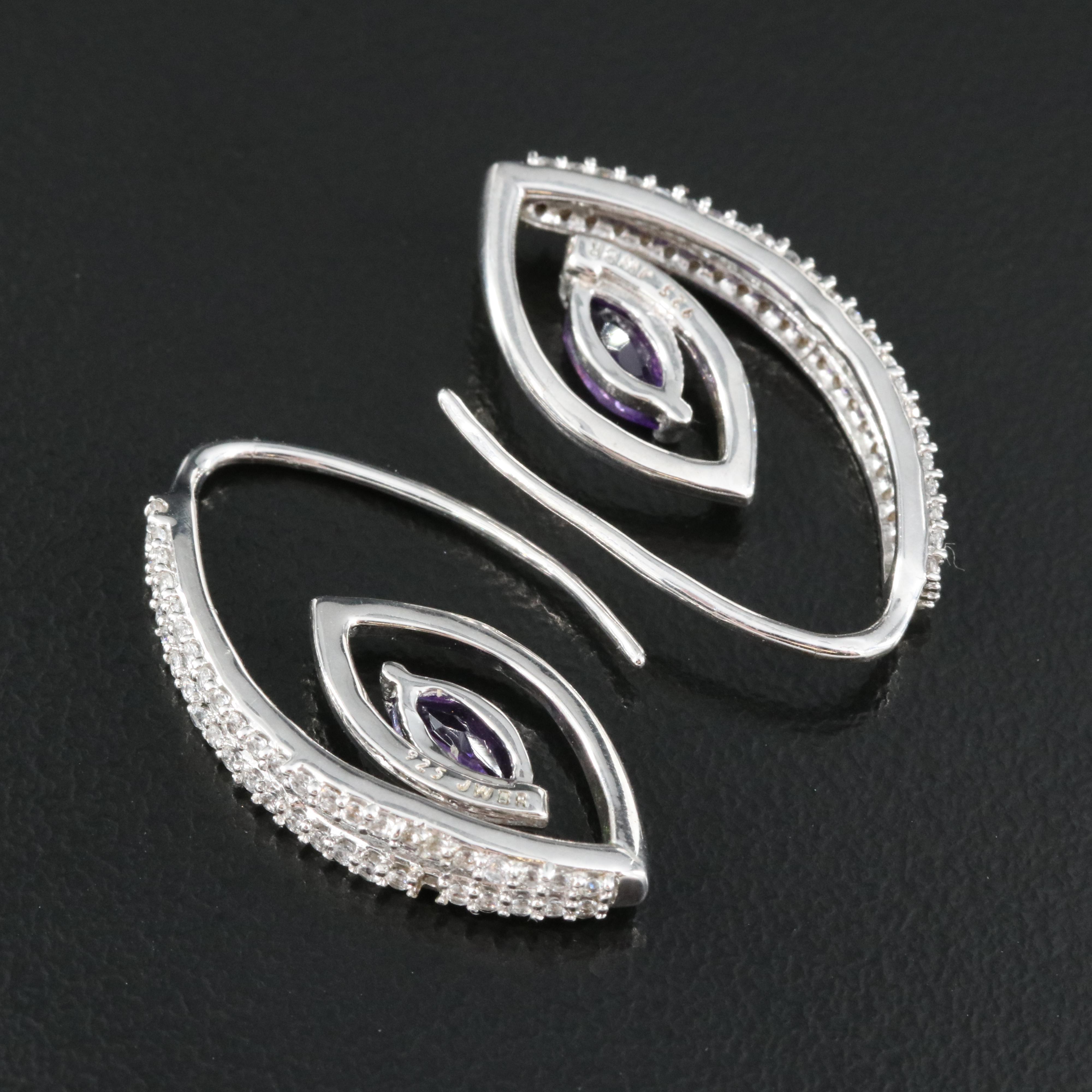 Sterling Amethyst and Sapphire Threader Style Hoop Earrings