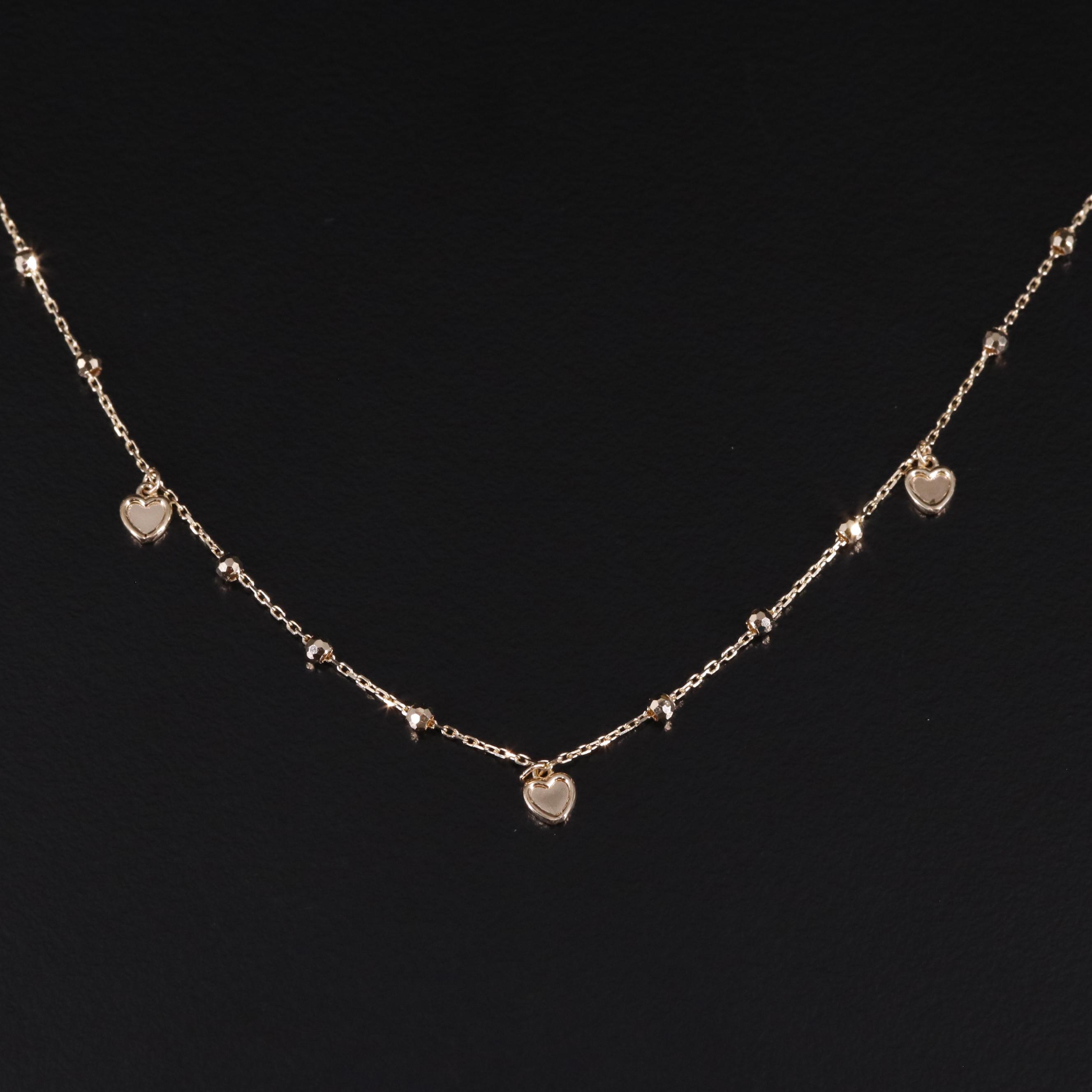 14K Bead and Heart Station Necklace