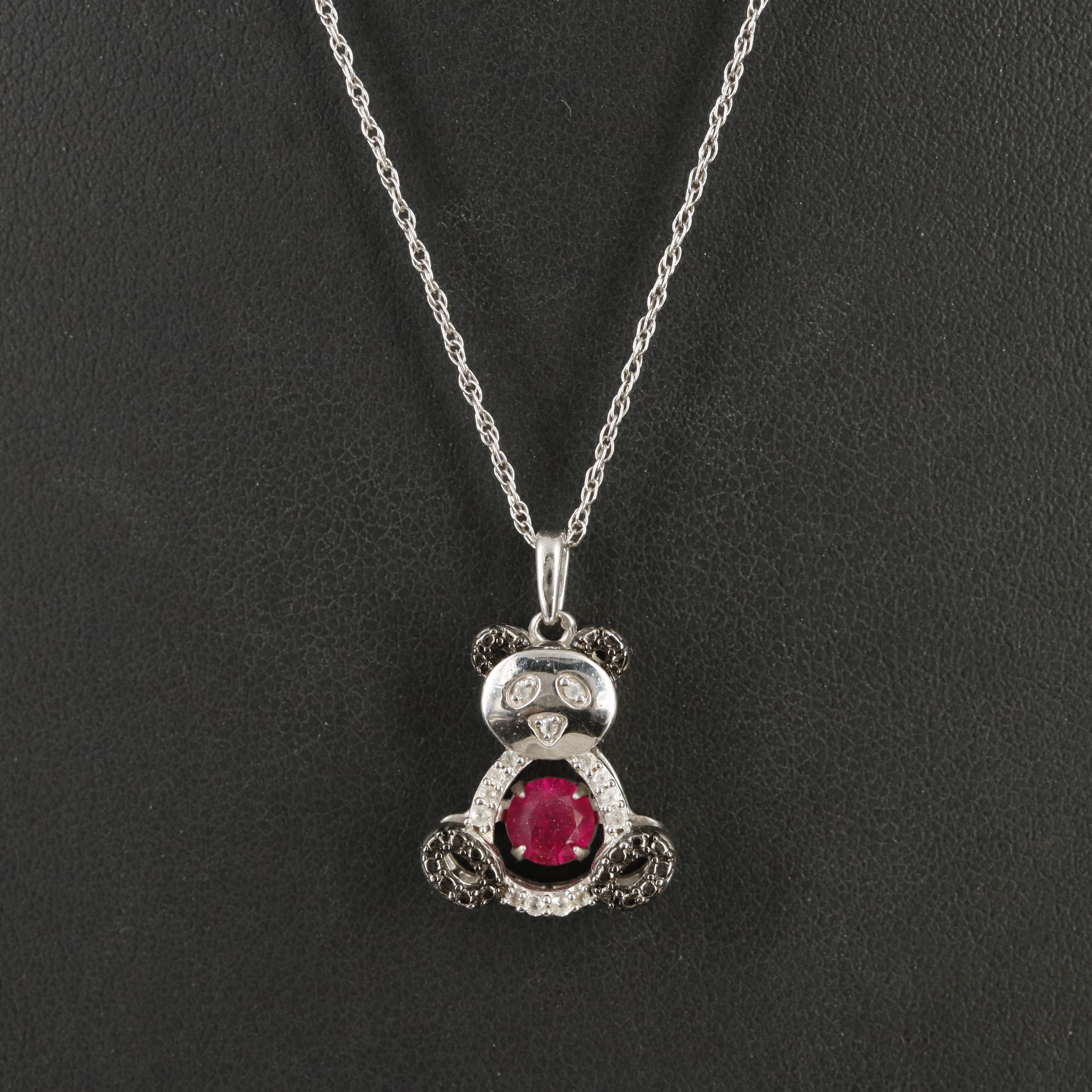 Sterling Ruby and Sapphire Panda Tremble Pendant Necklace
