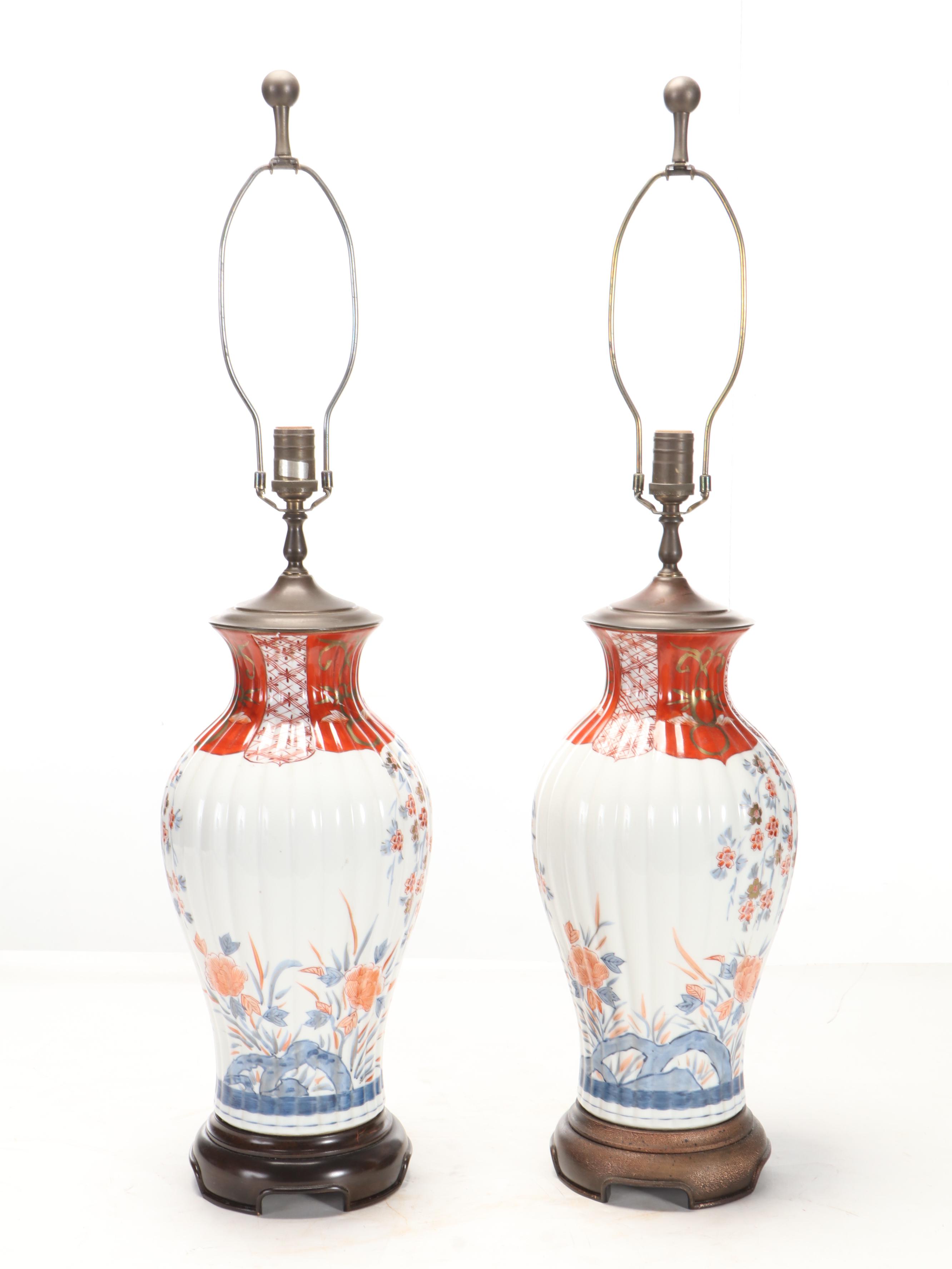 Pair of Japanese Imari Cherry Blossom Ribbed Porcelain Vase Table Lamps