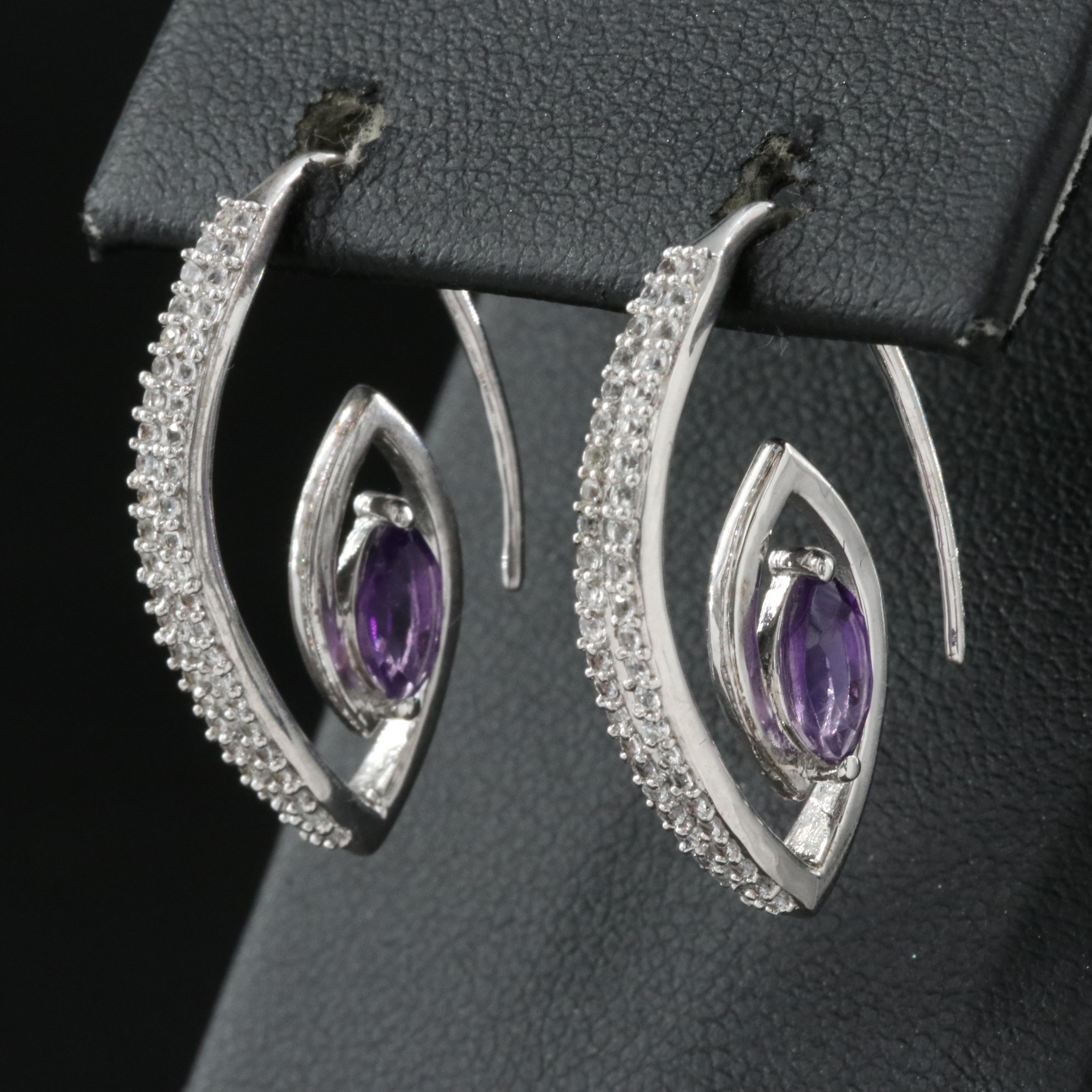 Sterling Amethyst and Sapphire Threader Style Hoop Earrings