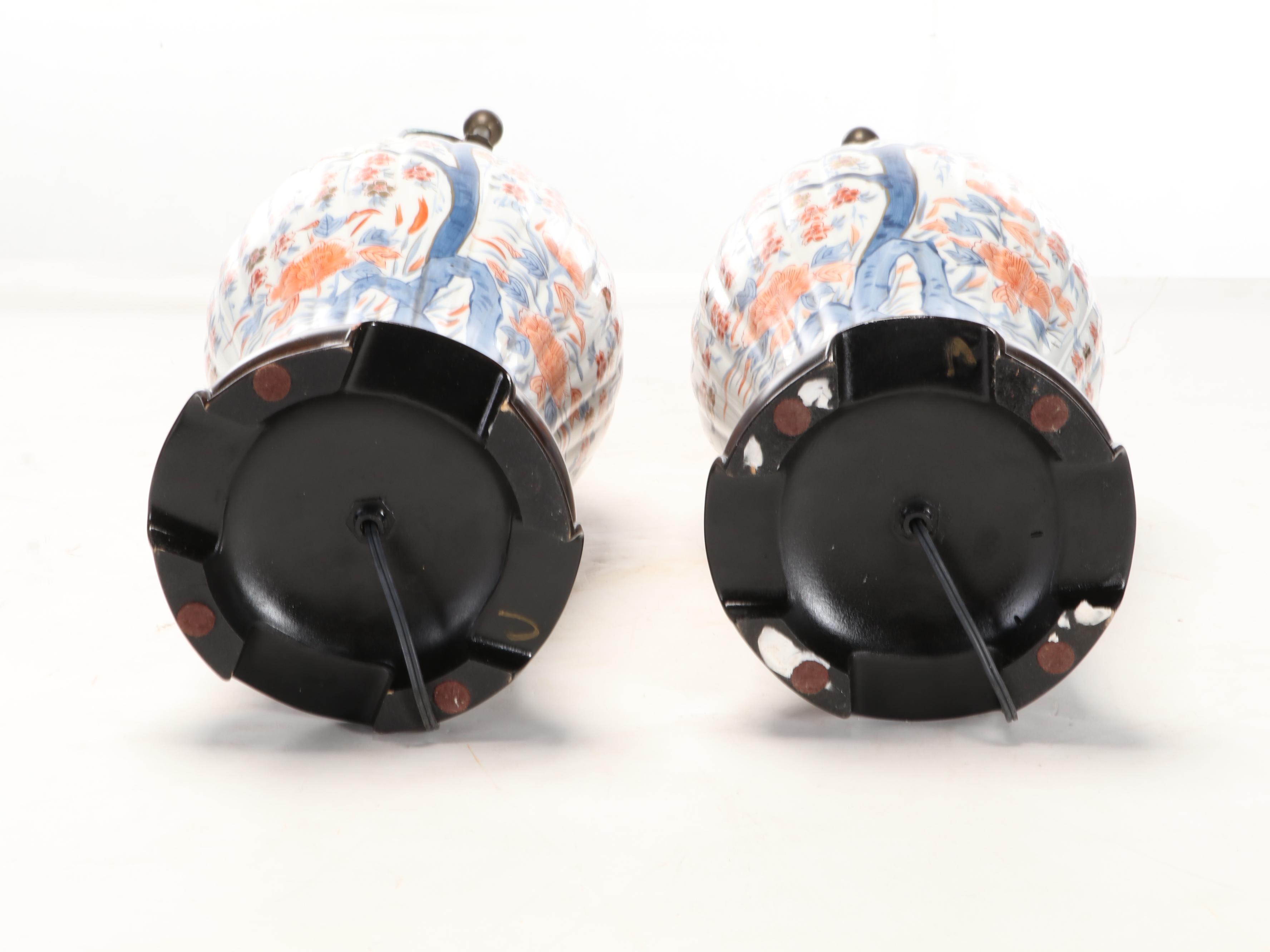 Pair of Japanese Imari Cherry Blossom Ribbed Porcelain Vase Table Lamps