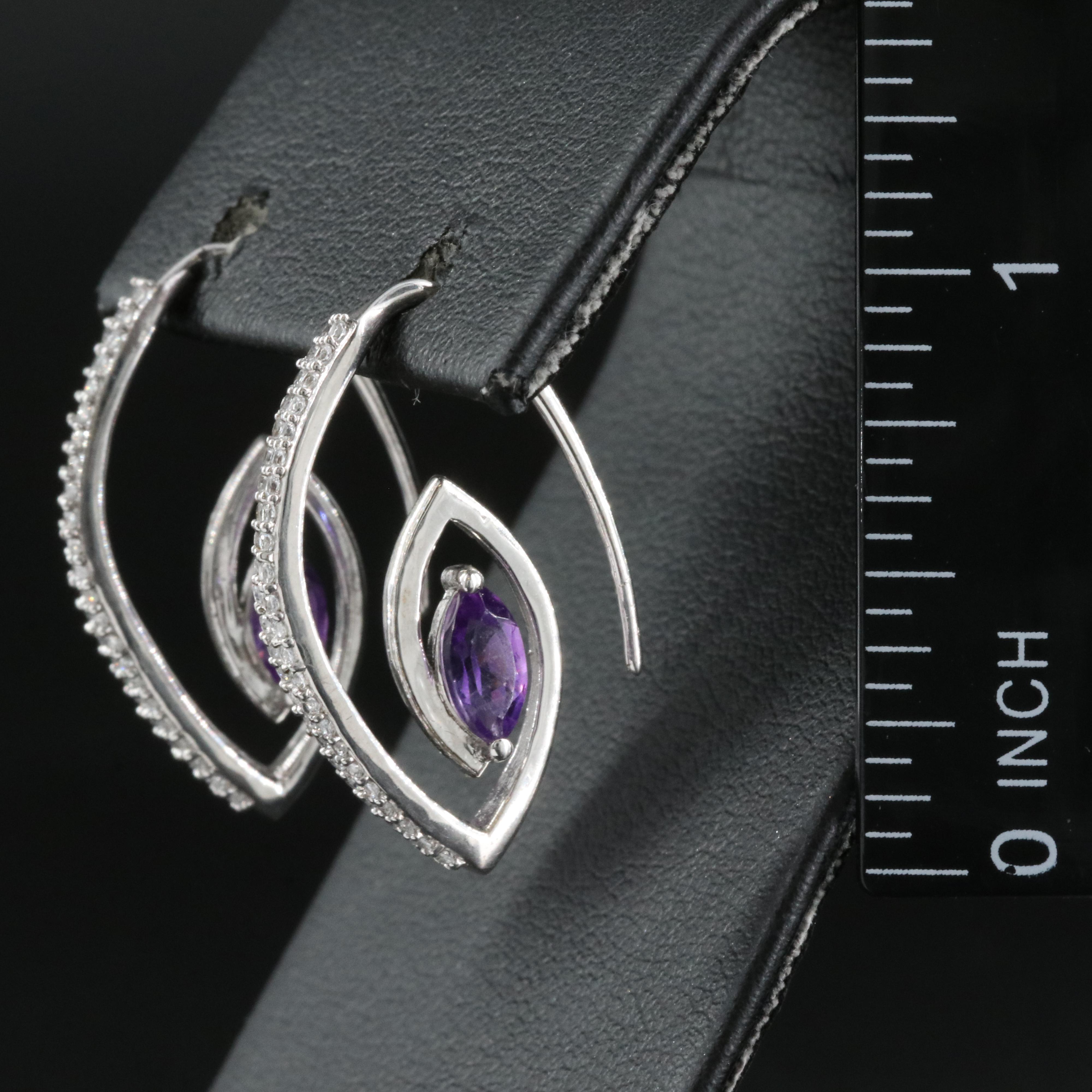 Sterling Amethyst and Sapphire Threader Style Hoop Earrings