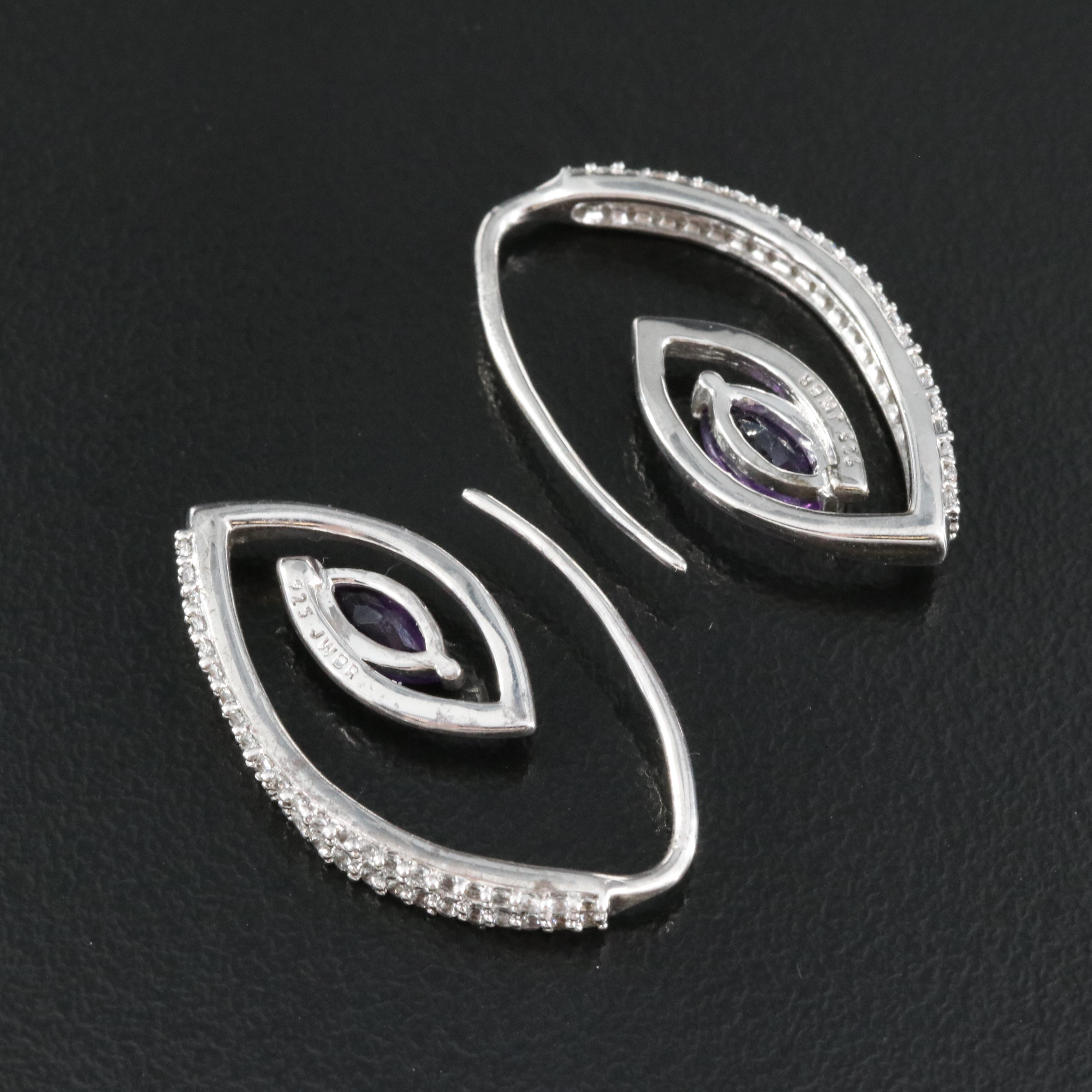 Sterling Amethyst and Sapphire Threader Style Hoop Earrings