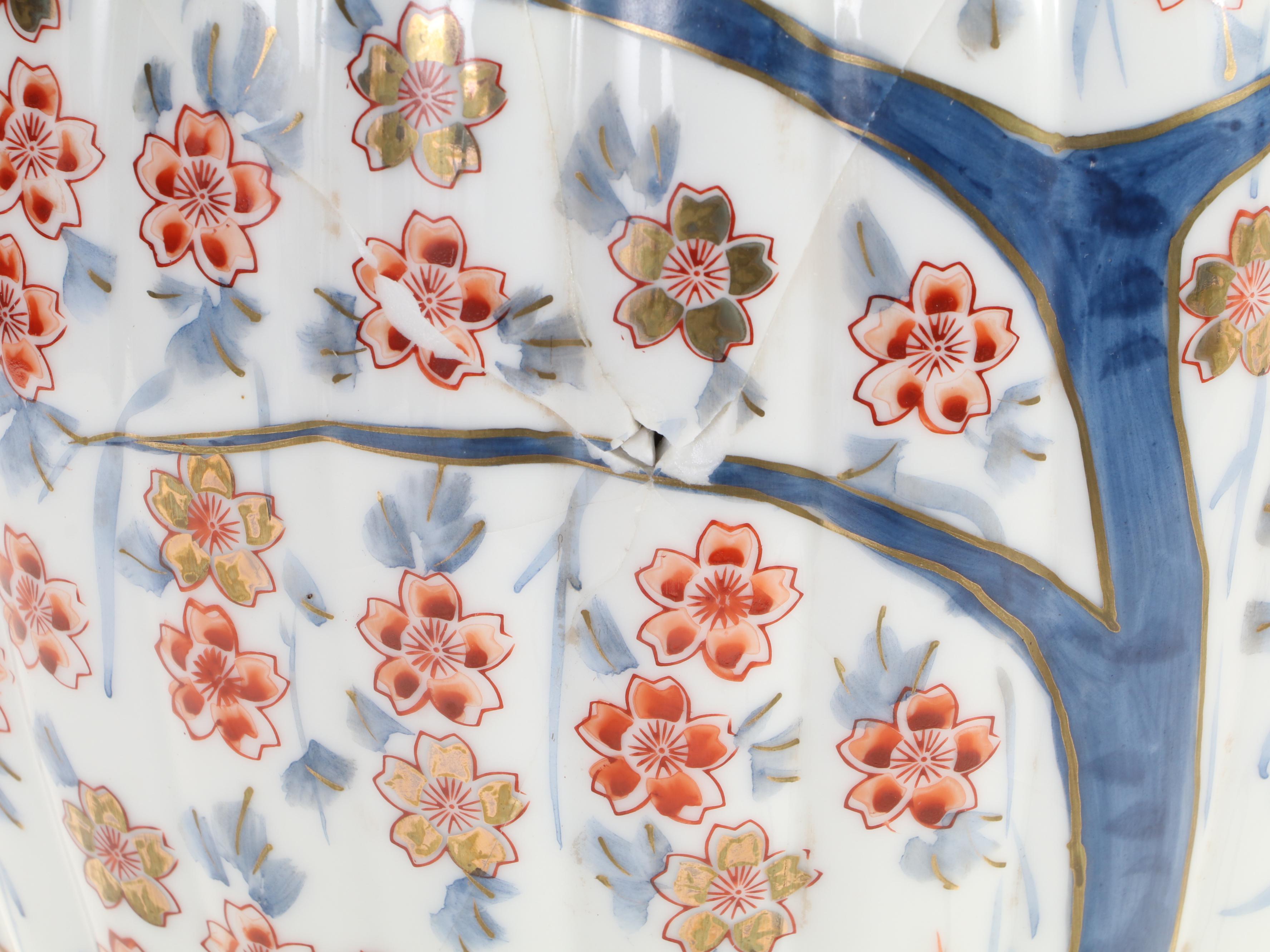 Pair of Japanese Imari Cherry Blossom Ribbed Porcelain Vase Table Lamps